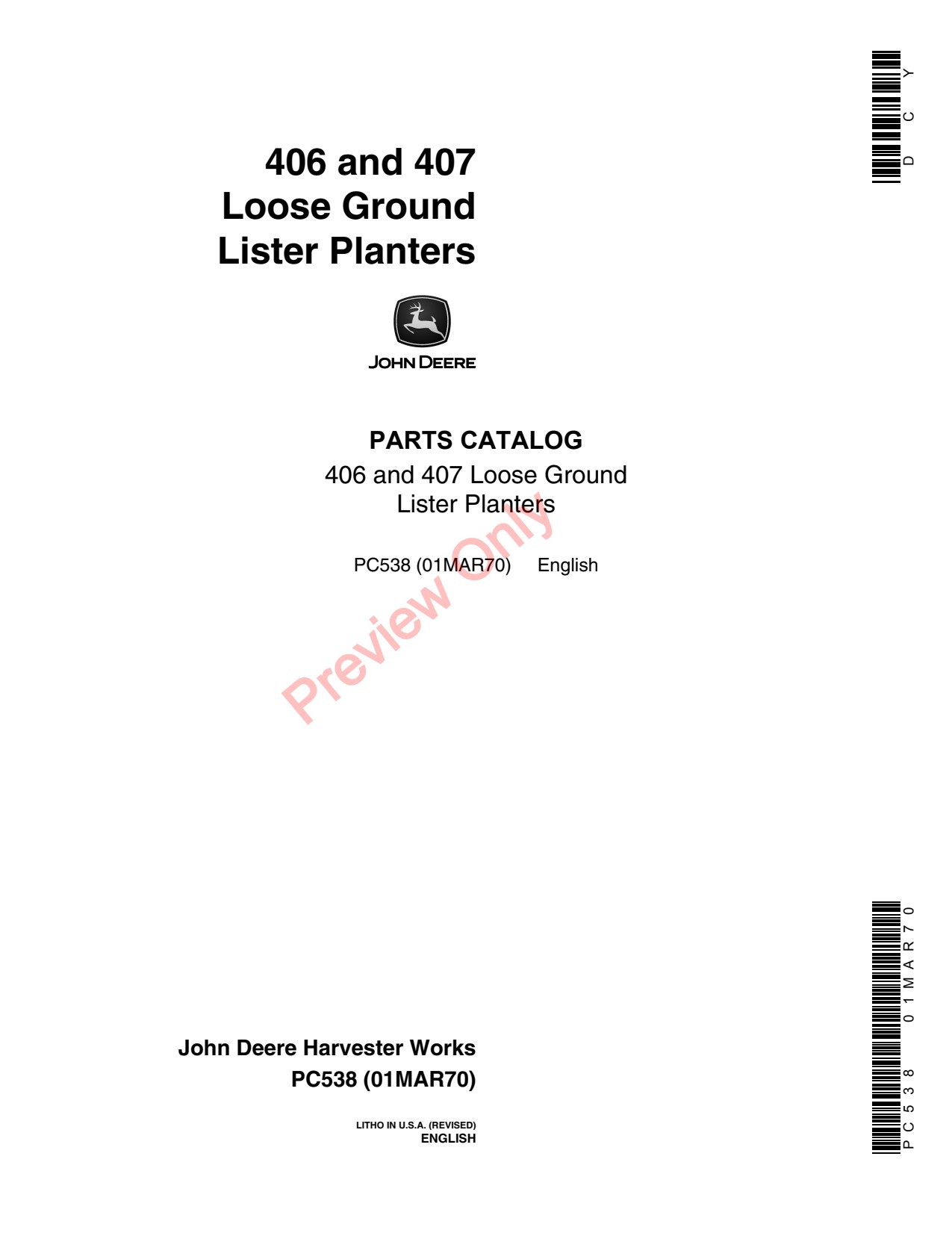 John Deere 406 407 Ground Lister Planter Parts Catalog PC538 1 John Deere 406 407 Ground Lister Planter Parts Catalog PC538