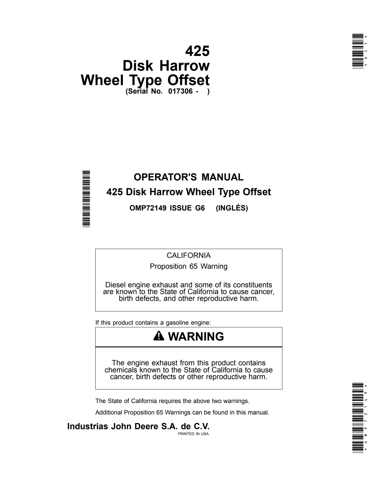 John Deere 425 MX425 Disk Harrow Operator Manual OMP72149 1 John Deere 425 MX425 Disk Harrow Operator Manual OMP72149