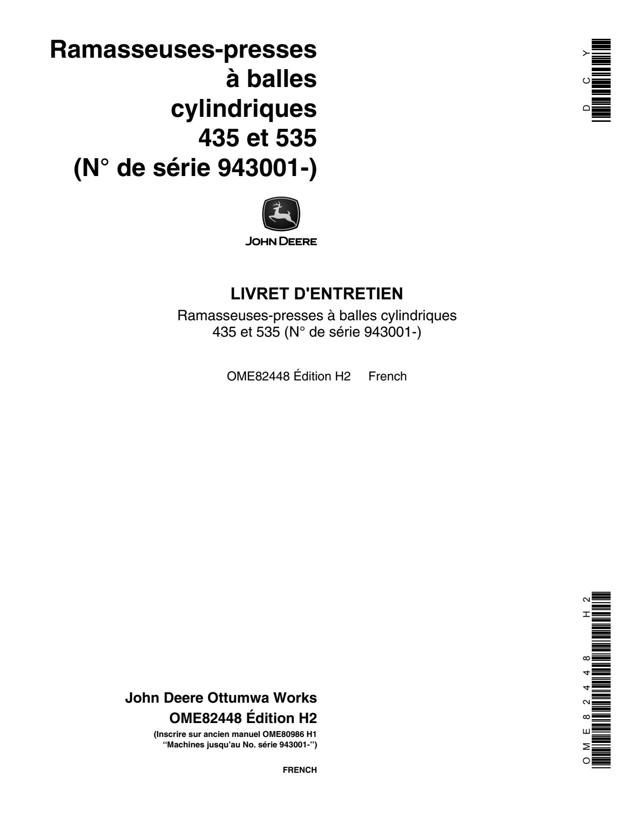 John Deere 435 535 Round Baler Operator Manual OME82448 FR 1 John Deere 435 535 Round Baler Operator Manual OME82448 FR