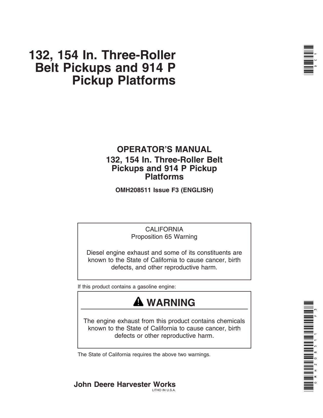 John Deere 4420 4425 9450 4435 132 Inch 154 914P Roller Belt Pickup Operator Manual OMH208511 1 John Deere 4420 4425 9450 4435 132 Inch 154 914P Roller Belt Pickup Operator Manual OMH208511