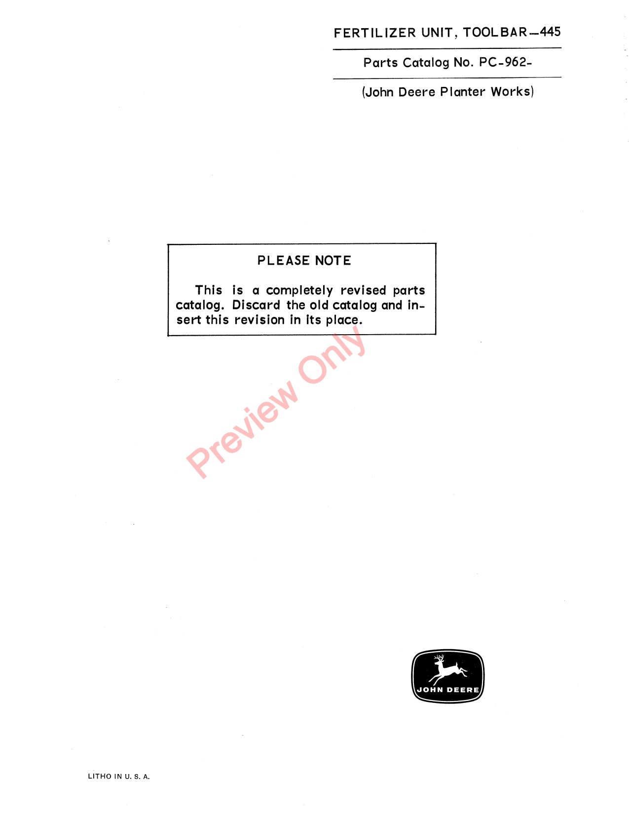 John Deere 445 Toolbar Fertilizer Applicator Parts Catalog PC962 1 John Deere 445 Toolbar Fertilizer Applicator Parts Catalog PC962