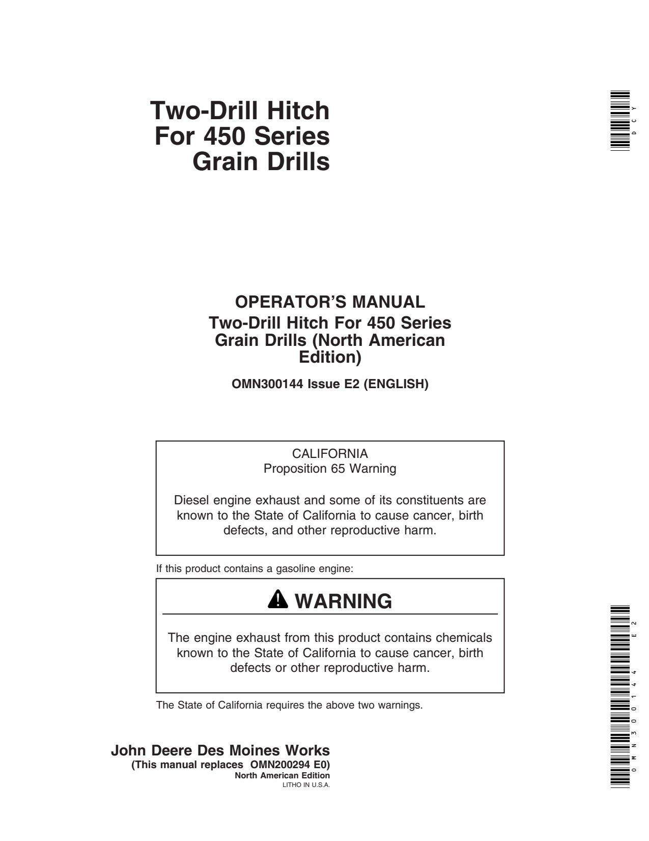 John Deere 450 Two-drill Hitch Operator Manual OMN300144 1 John Deere 450 Two-drill Hitch Operator Manual OMN300144