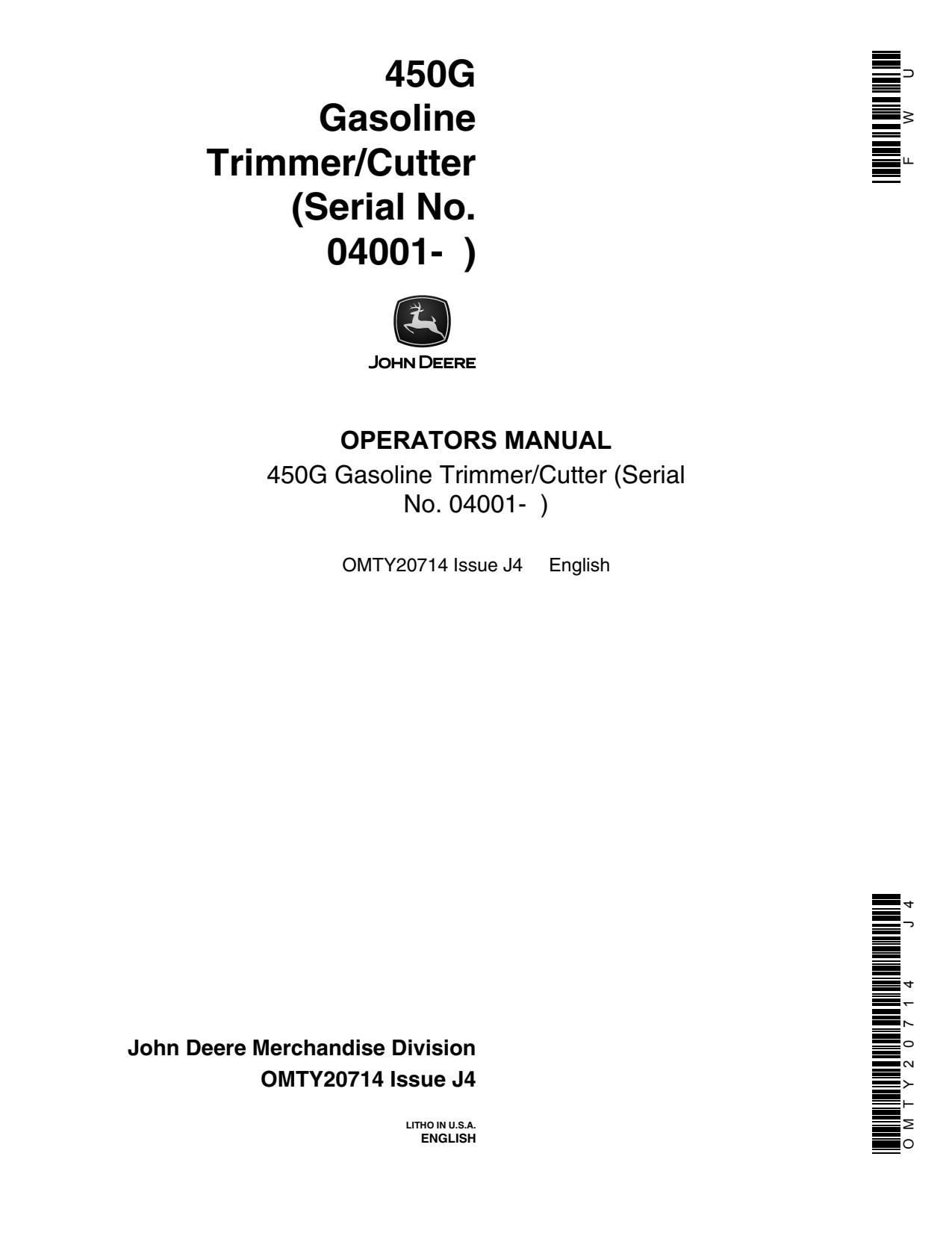 John Deere 450G Gasoline Trimmer Operator Manual OMTY20714 1 John Deere 450G Gasoline Trimmer Operator Manual OMTY20714