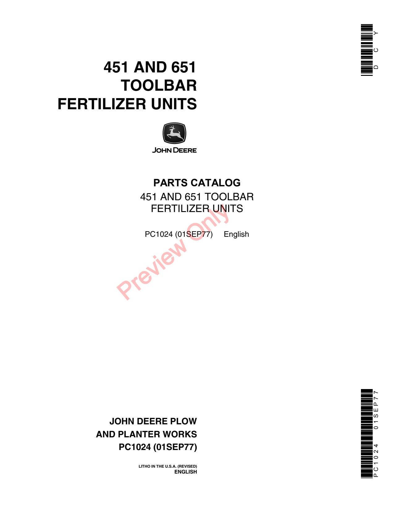 John Deere 451 651 Toolbar Fertilizer Applicator Parts Catalog PC1024 1 John Deere 451 651 Toolbar Fertilizer Applicator Parts Catalog PC1024