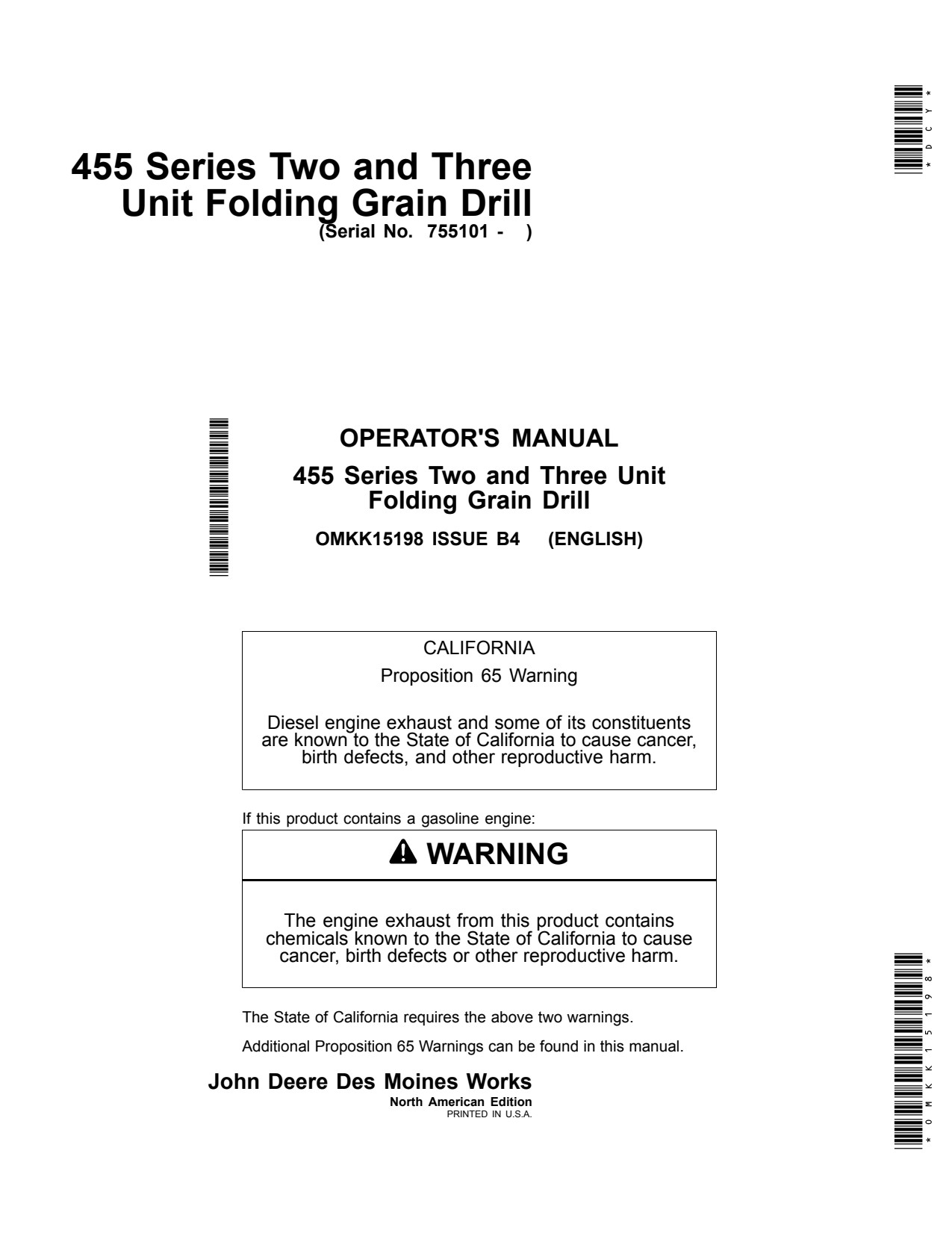 John Deere 455 Unit Folding Grain Drill Operator Manual OMKK15198 1 John Deere 455 Unit Folding Grain Drill Operator Manual OMKK15198