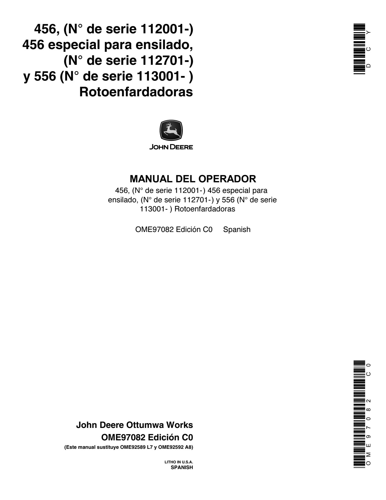 John Deere 456S 456 556 Round Baler Operator Manual OME97082 ES 1 John Deere 456S 456 556 Round Baler Operator Manual OME97082 ES
