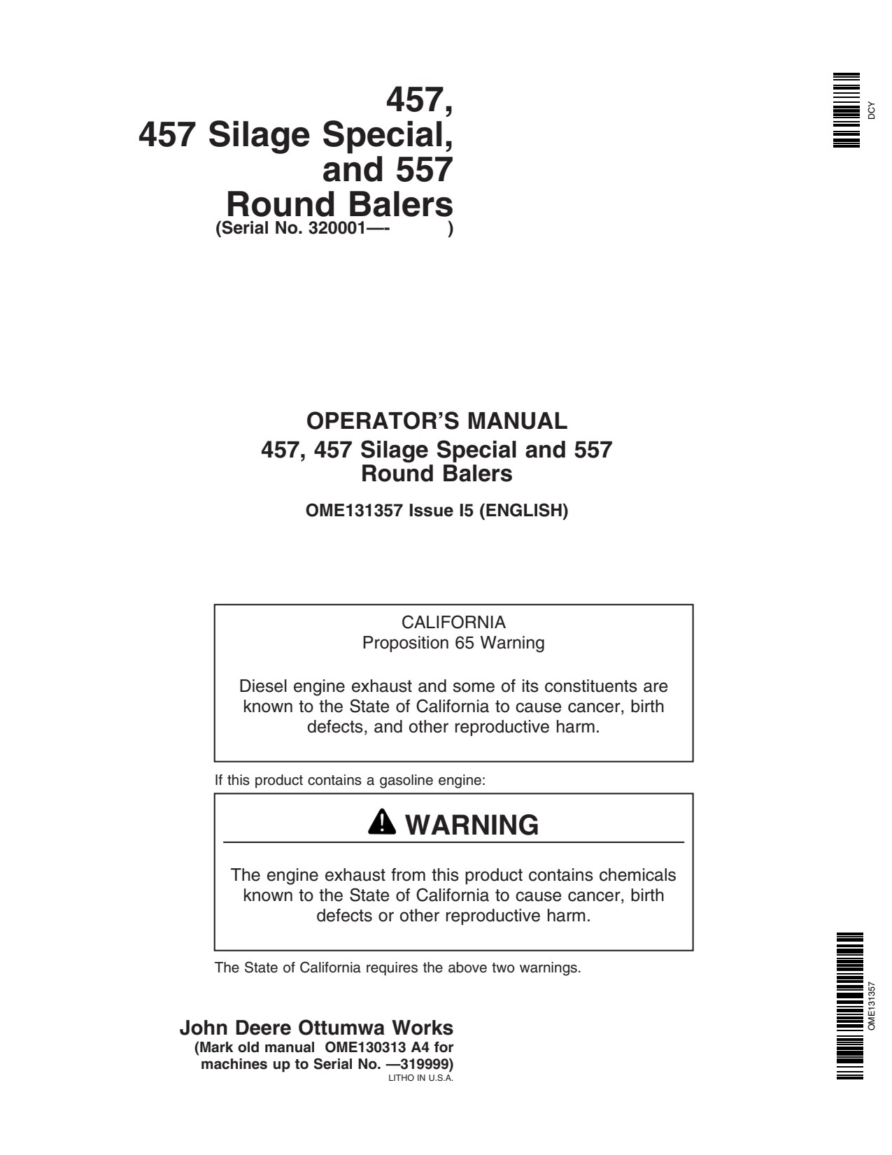 John Deere 457 457S 557 Round Baler Operator Manual OME131357 1 John Deere 457 457S 557 Round Baler Operator Manual OME131357
