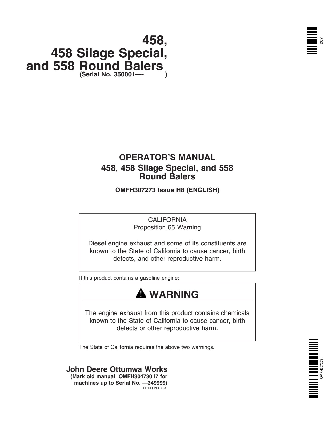 John Deere 458 558 Round Baler Operator Manual OMFH307273 1 John Deere 458 558 Round Baler Operator Manual OMFH307273