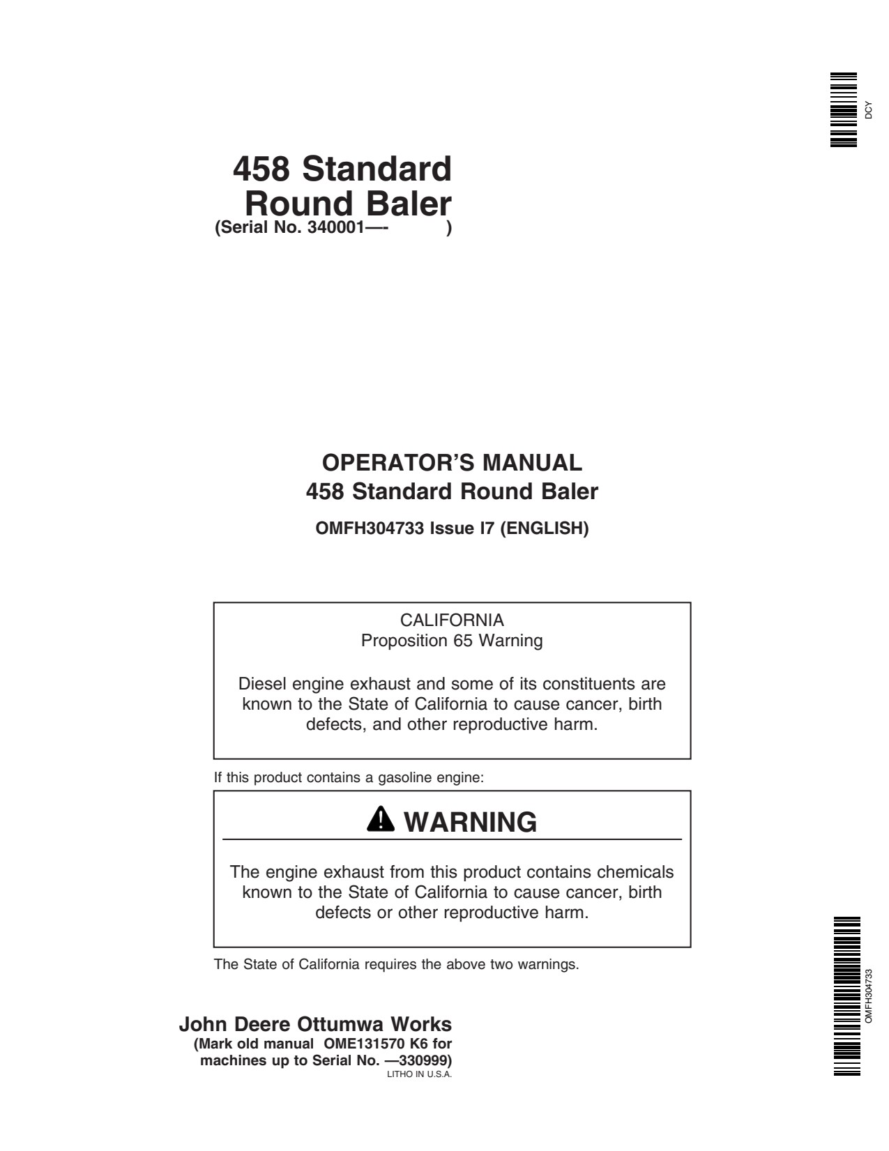 John Deere 458 Standard Round Baler Operator Manual OMFH304733 1 John Deere 458 Standard Round Baler Operator Manual OMFH304733