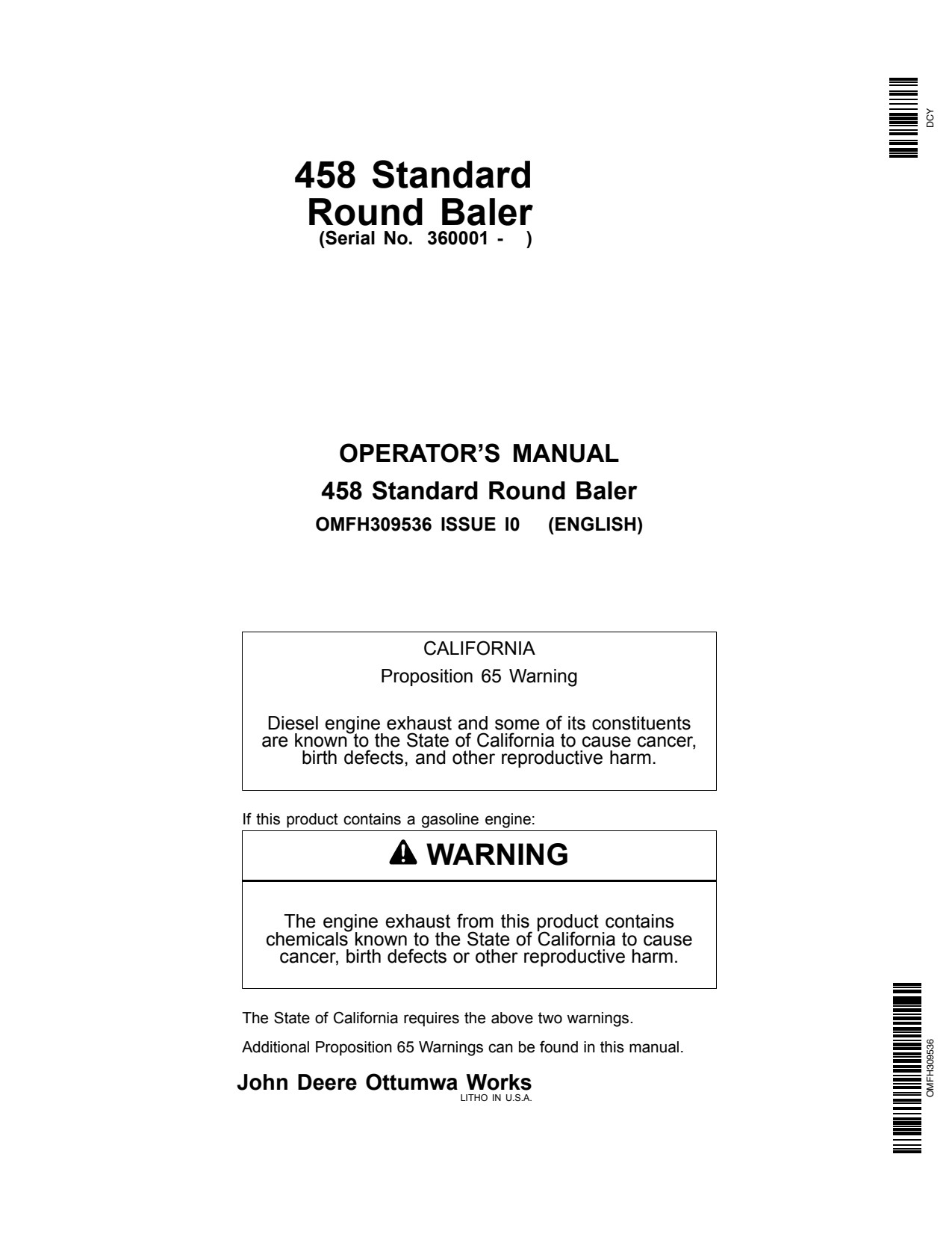 John Deere 458 Standard Round Baler Operator Manual OMFH309536 1 John Deere 458 Standard Round Baler Operator Manual OMFH309536
