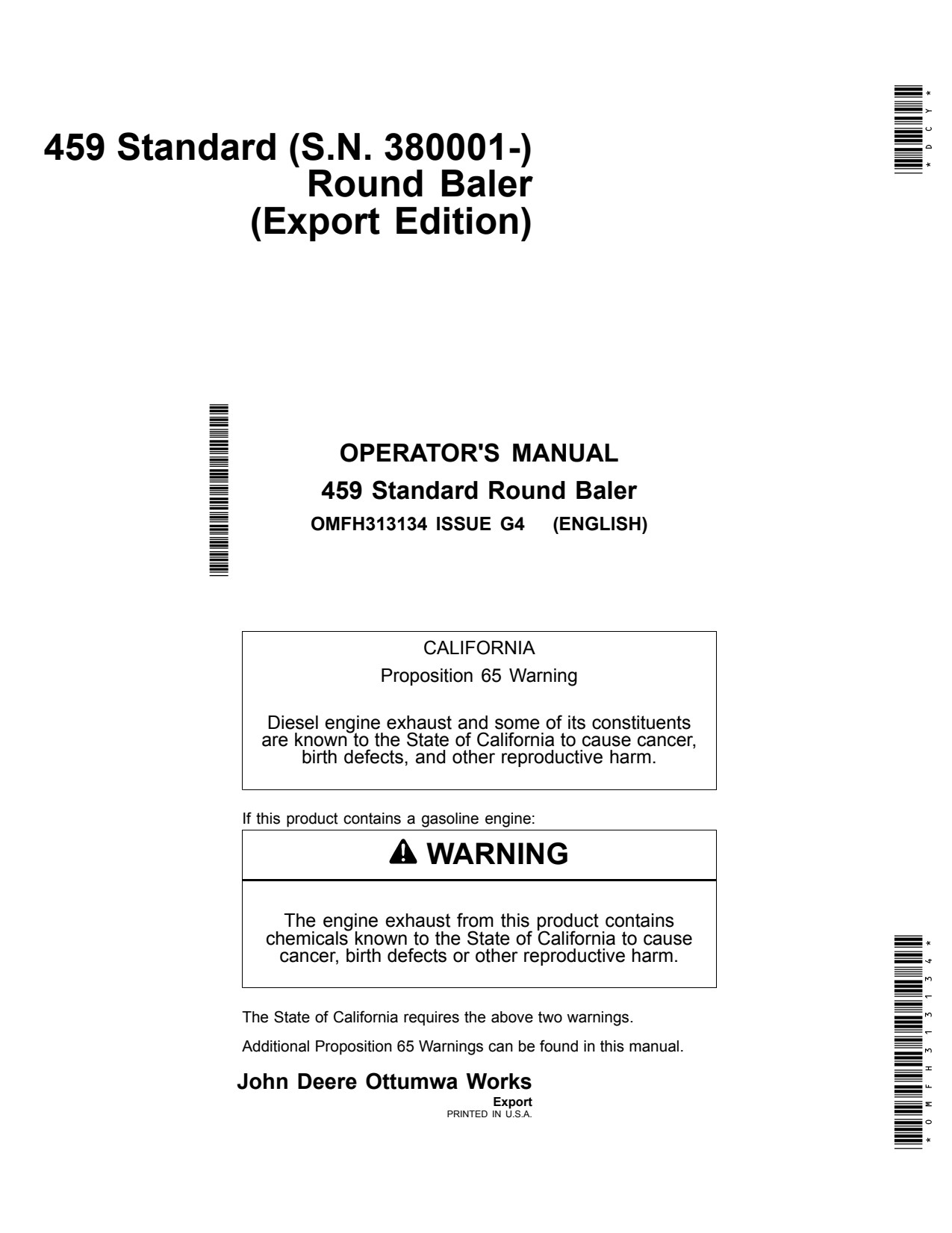 John Deere 459 Standard Round Baler Operator Manual OMFH313134 1 John Deere 459 Standard Round Baler Operator Manual OMFH313134