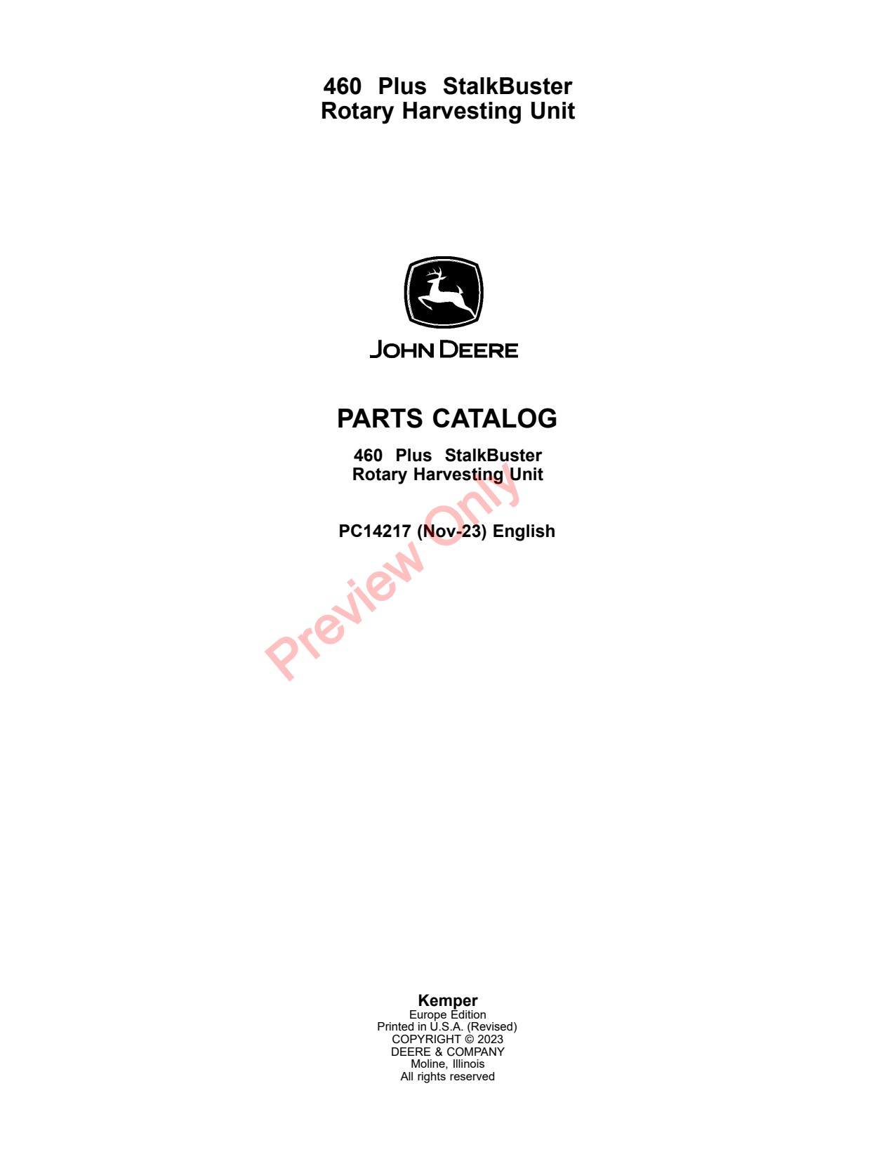 John Deere 460 Plus Stalkbuster Rotary Harvesting Unit Parts Catalog PC14217 1 John Deere 460 Plus Stalkbuster Rotary Harvesting Unit Parts Catalog PC14217