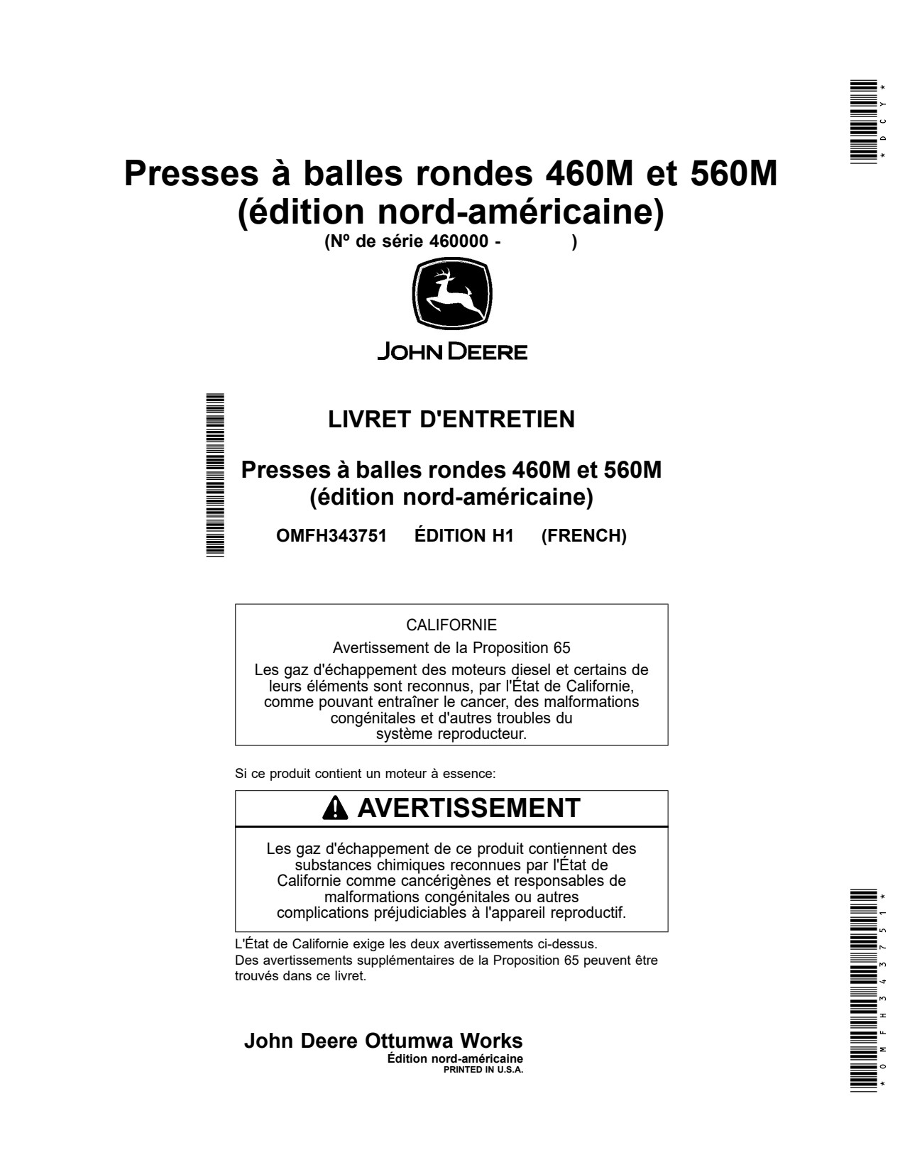 John Deere 460M 560M Round Baler Operator Manual OMFH343751 FR 1 John Deere 460M 560M Round Baler Operator Manual OMFH343751 FR