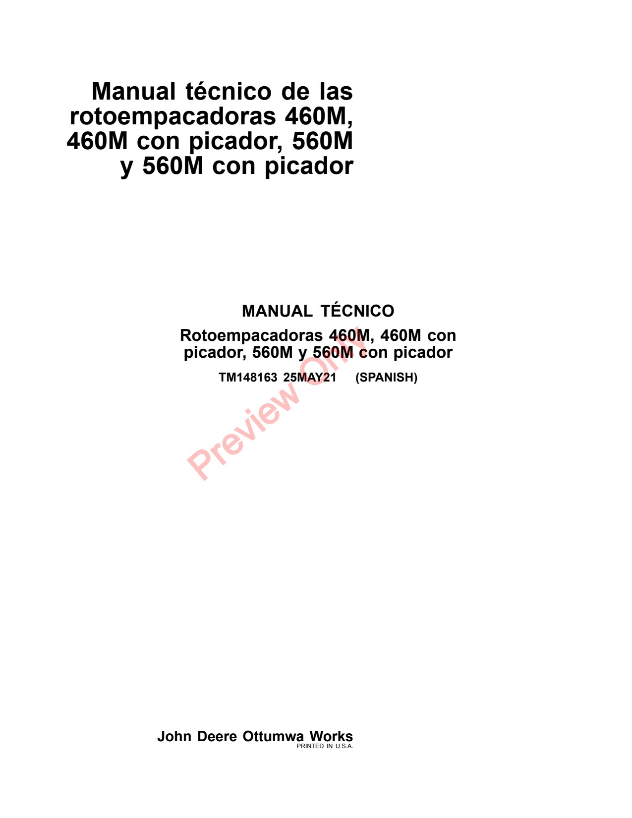 John Deere 460M Precutter 560M Round Baler Technical Manual TM148163 ES 1 John Deere 460M Precutter 560M Round Baler Technical Manual TM148163 ES