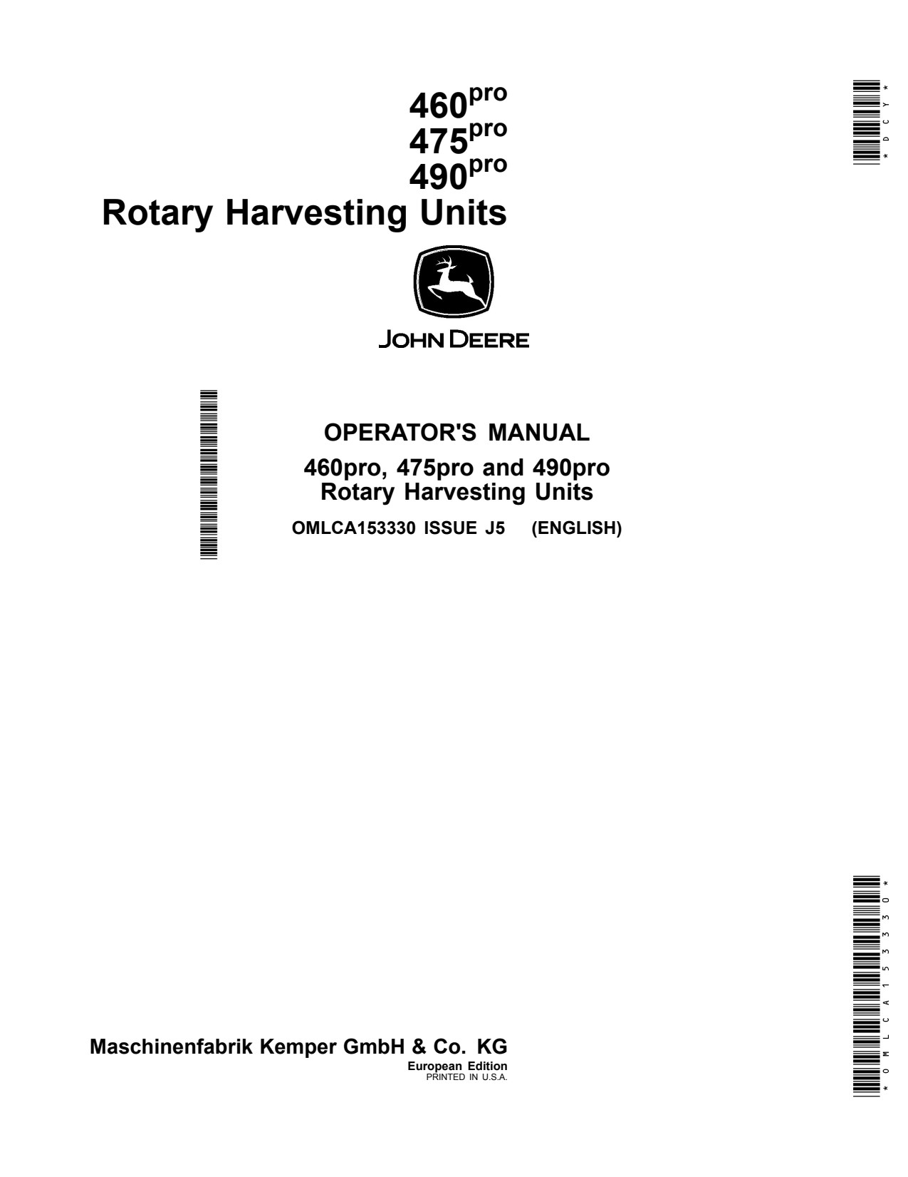 John Deere 460pro 475pro 490pro Pro Rotary Harvesting Unit Operator Manual OMLCA153330 1 John Deere 460pro 475pro 490pro Pro Rotary Harvesting Unit Operator Manual OMLCA153330