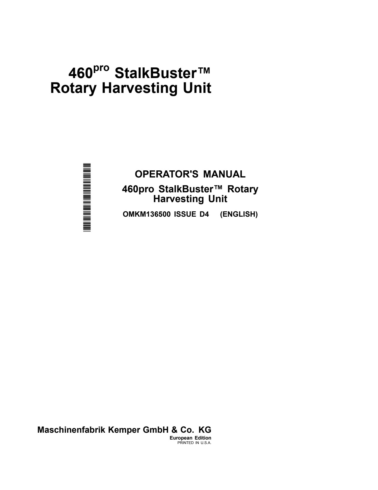 John Deere 460pro StalkBuster Pro Rotary Harvesting Unit Operator Manual OMKM136500 1 John Deere 460pro StalkBuster Pro Rotary Harvesting Unit Operator Manual OMKM136500