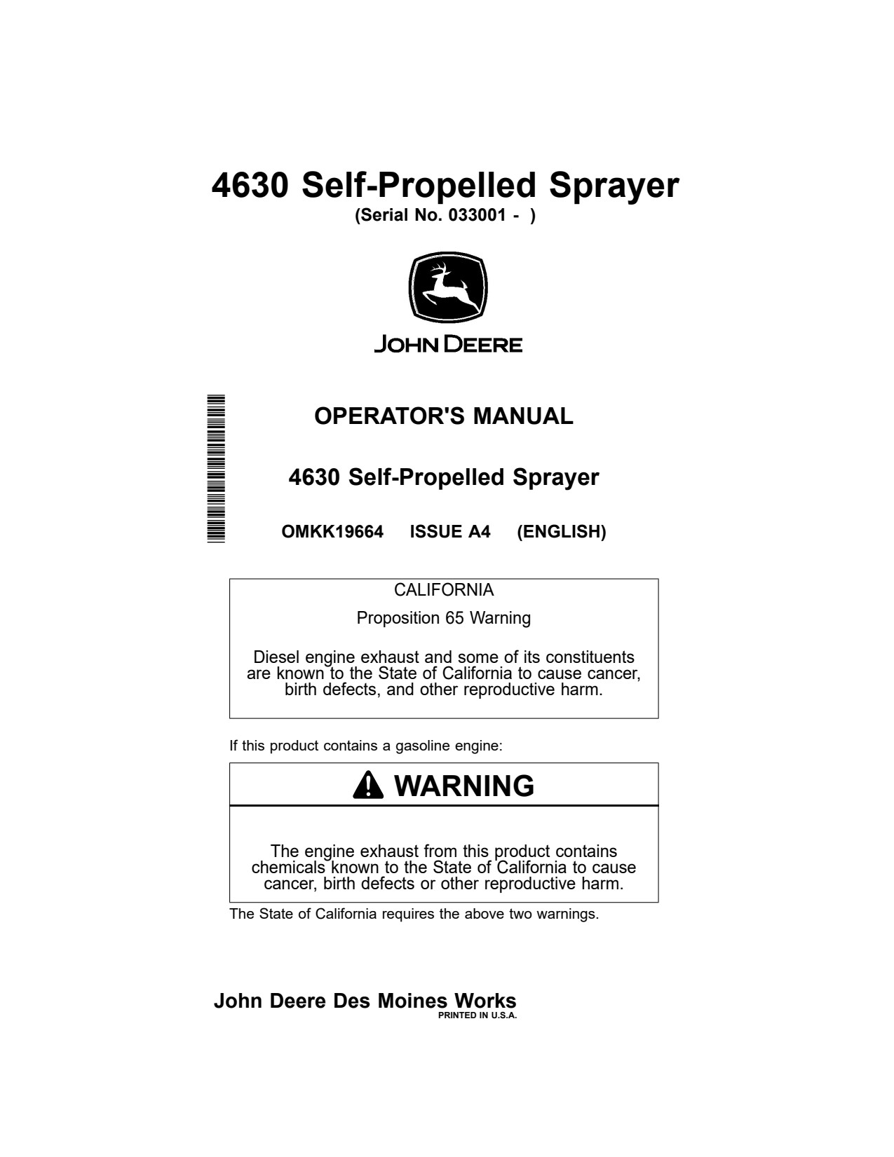 John Deere 4630 Self-Propelled Sprayer Operator Manual OMKK19664 1 John Deere 4630 Self-Propelled Sprayer Operator Manual OMKK19664