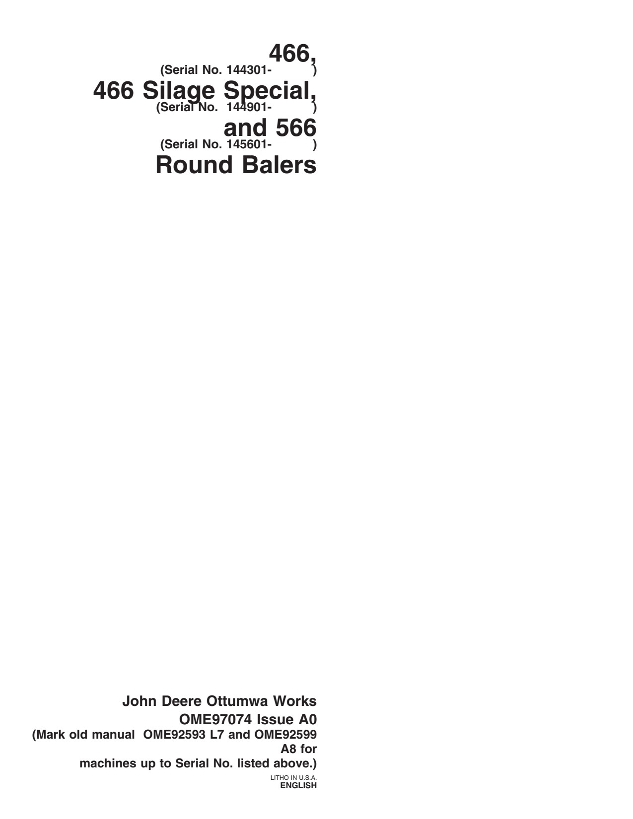 John Deere 466 466S 566 Round Baler Operator Manual OME97074 1 John Deere 466 466S 566 Round Baler Operator Manual OME97074