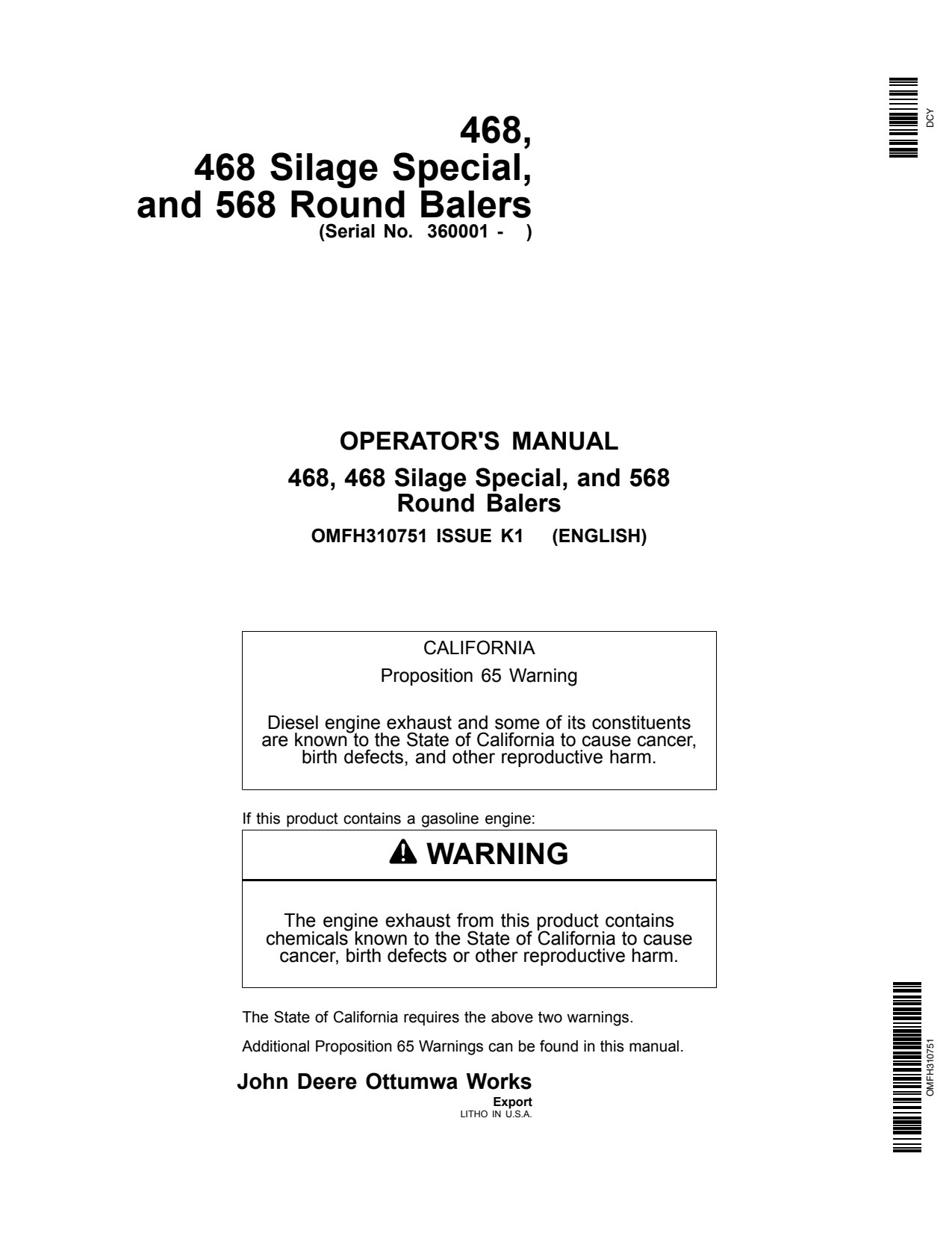 John Deere 468 568 Round Baler Operator Manual OMFH310751 1 John Deere 468 568 Round Baler Operator Manual OMFH310751