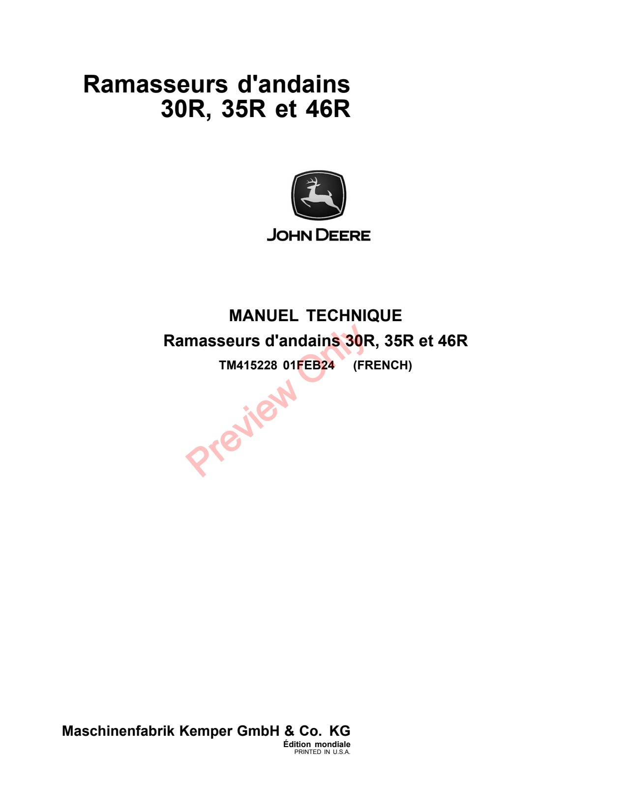 John Deere 46R 30R 35R Windrow Pickup Technical Manual TM415228 FR 1 John Deere 46R 30R 35R Windrow Pickup Technical Manual TM415228 FR