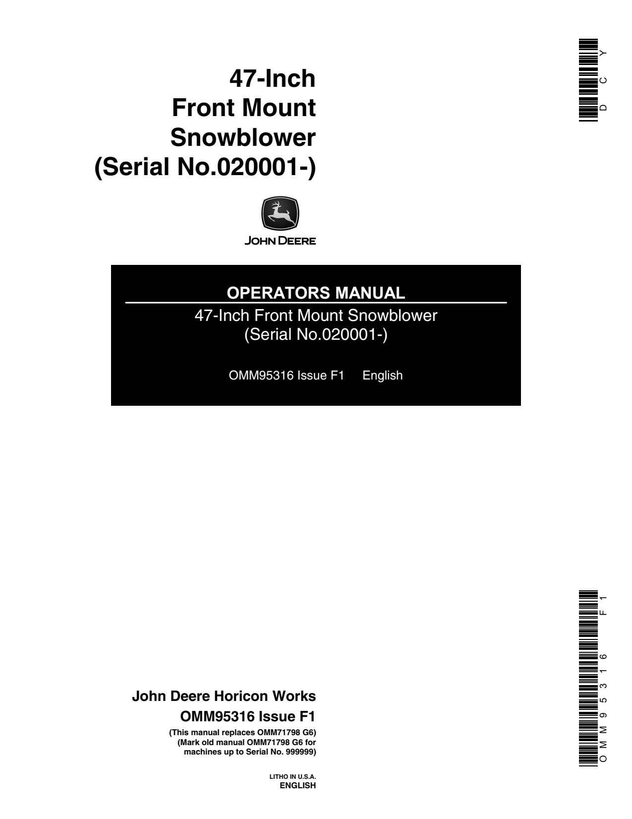 John Deere 47 Inch Front Mount Snow Blower Operator Manual OMM95316 1 John Deere 47 Inch Front Mount Snow Blower Operator Manual OMM95316