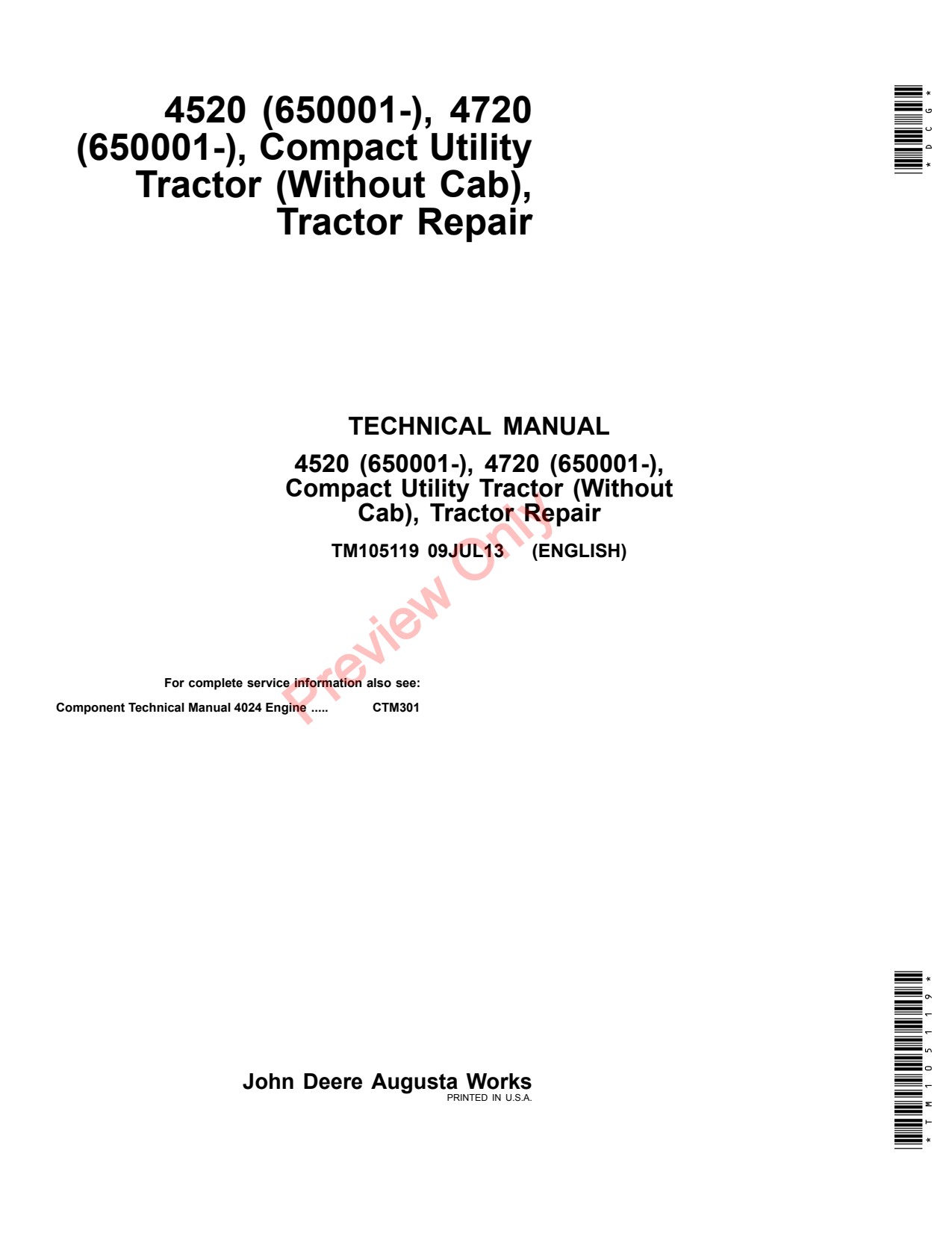 John Deere 4720 4520 Compact Utility Tractor Technical Manual TM105119 1 John Deere 4720 4520 Compact Utility Tractor Technical Manual TM105119