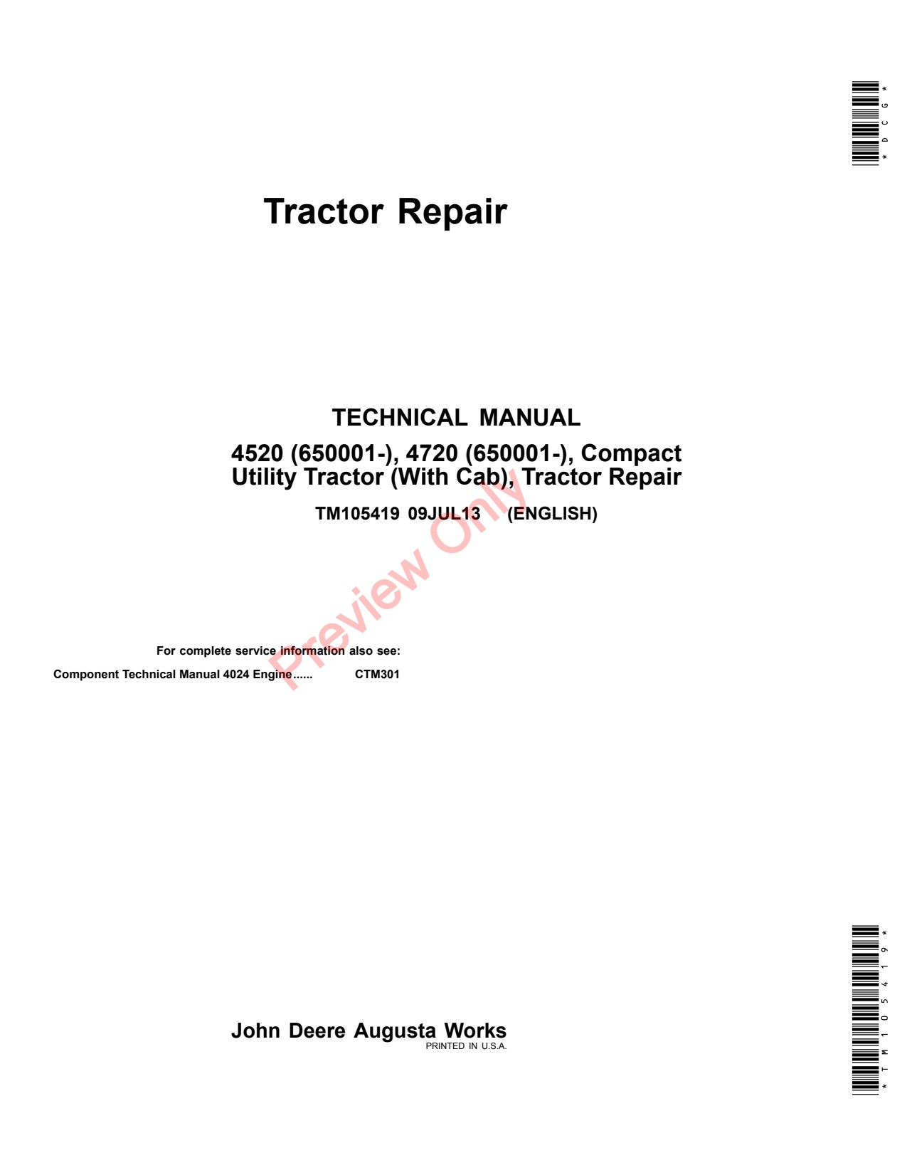 John Deere 4720 4520 Compact Utility Tractor Technical Manual TM105419 1 John Deere 4720 4520 Compact Utility Tractor Technical Manual TM105419