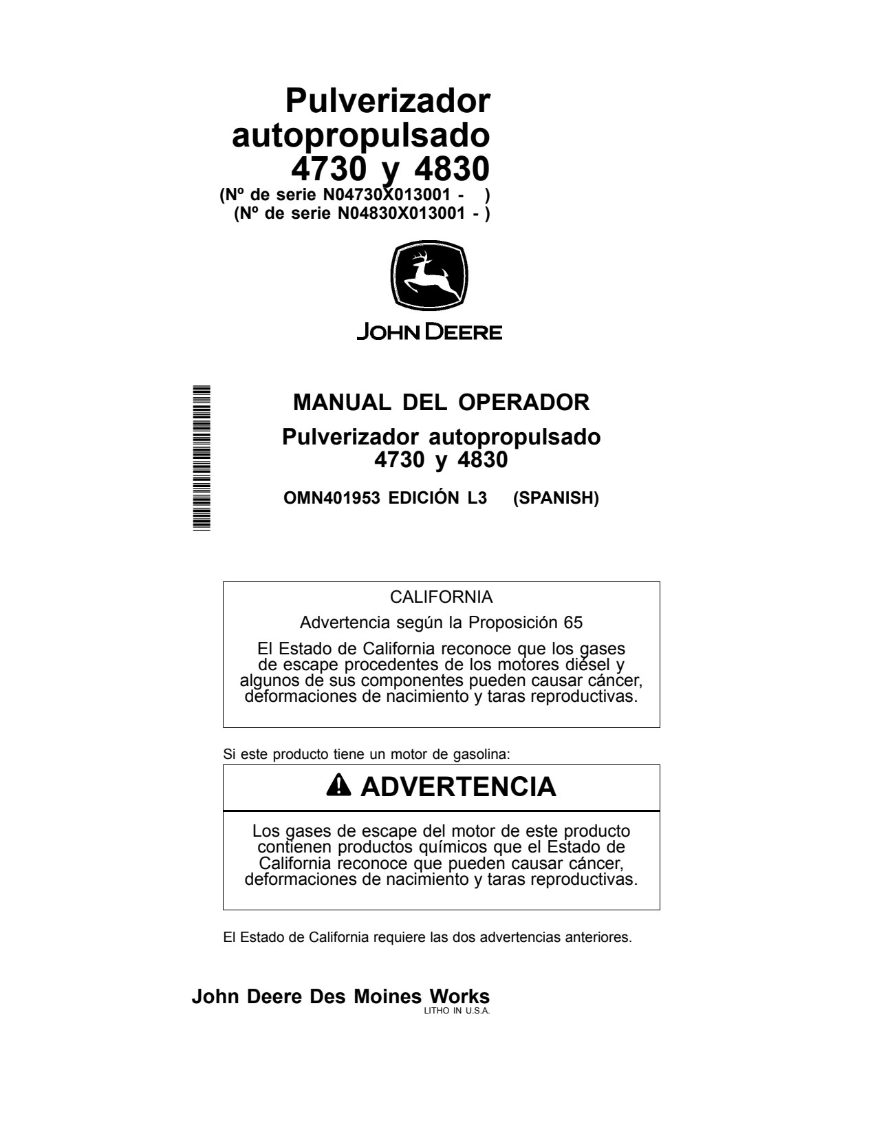 John Deere 4730 4830 Self-Propelled Sprayer Operator Manual OMN401953 ES 1 John Deere 4730 4830 Self-Propelled Sprayer Operator Manual OMN401953 ES