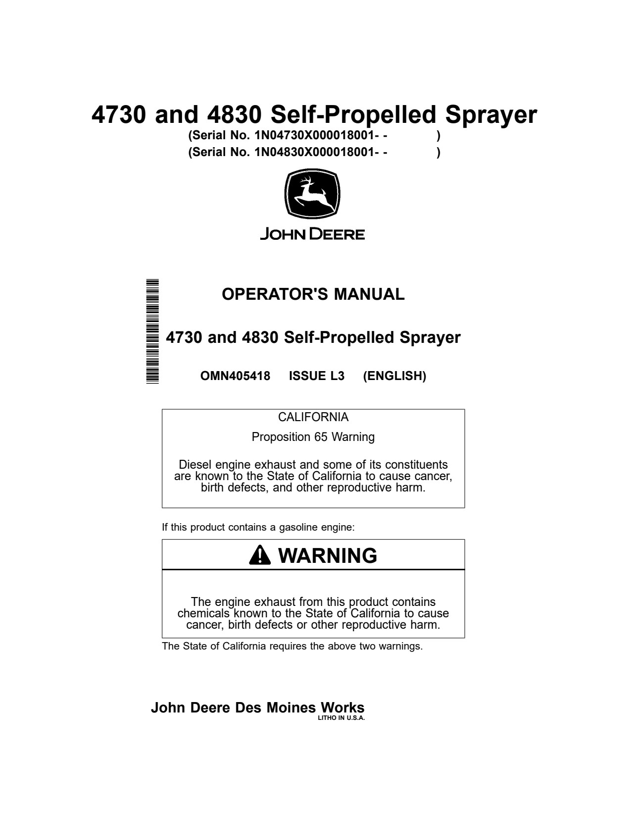 John Deere 4730 4830 Self-Propelled Sprayer Operator Manual OMN405418 1 John Deere 4730 4830 Self-Propelled Sprayer Operator Manual OMN405418