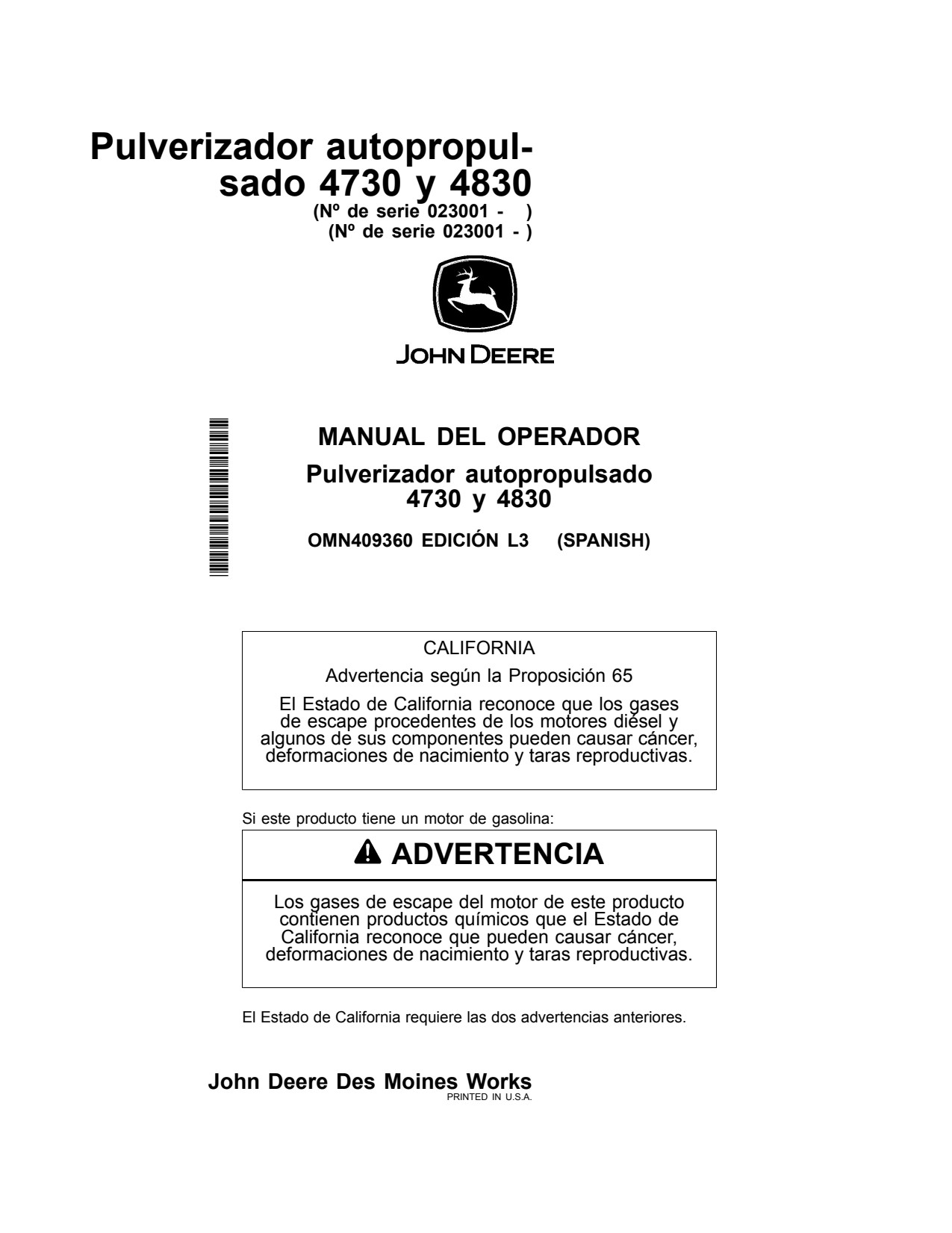 John Deere 4730 4830 Self-Propelled Sprayer Operator Manual OMN409360 ES 1 John Deere 4730 4830 Self-Propelled Sprayer Operator Manual OMN409360 ES