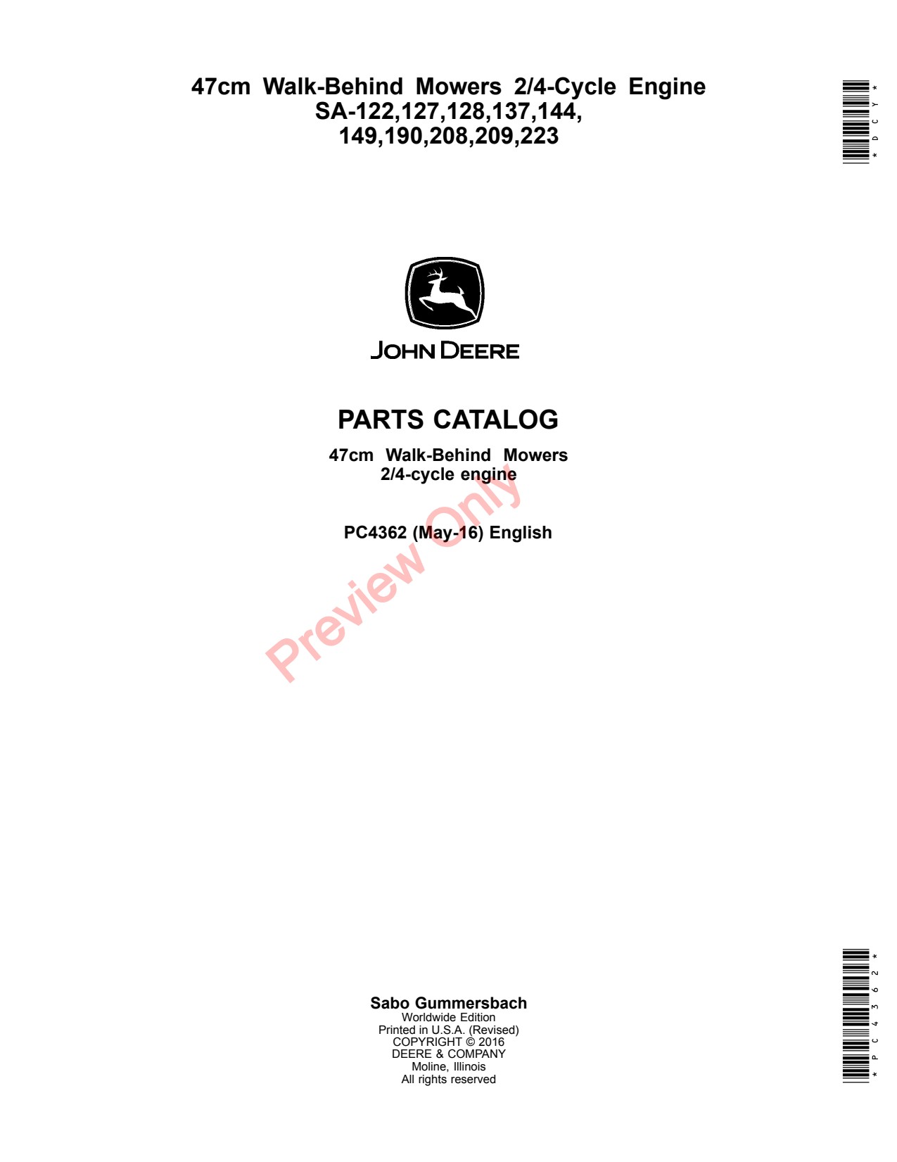 John Deere 47CM 122 127 128 137 144 149 190 208 209 223 Walk-Behind Mower Parts Catalog PC4362 1 John Deere 47CM 122 127 128 137 144 149 190 208 209 223 Walk-Behind Mower Parts Catalog PC4362