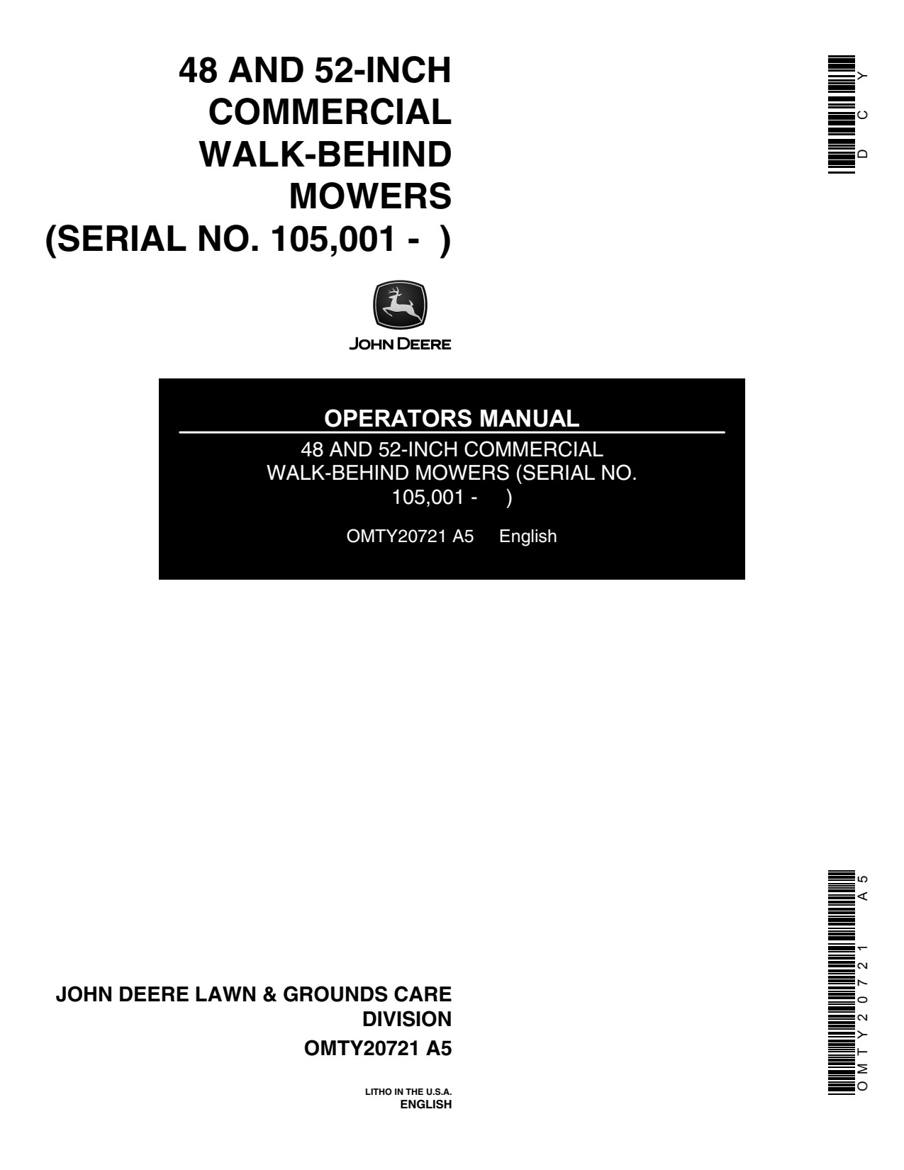 John Deere 48 Inch 52 Commercial Walk-Behind Mower Operator Manual OMTY20721 1 John Deere 48 Inch 52 Commercial Walk-Behind Mower Operator Manual OMTY20721