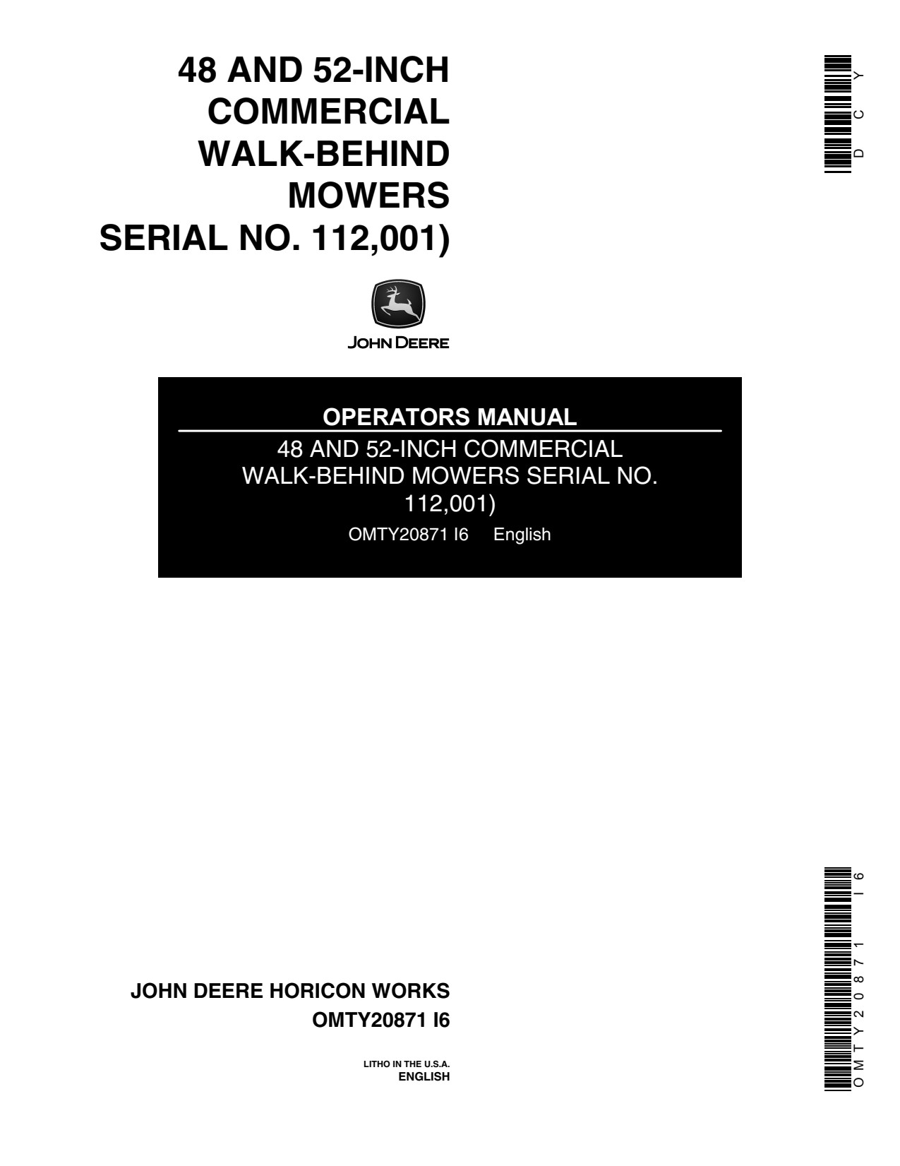 John Deere 48 Inch 52 Commercial Walk-Behind Mower Operator Manual OMTY20871 1 John Deere 48 Inch 52 Commercial Walk-Behind Mower Operator Manual OMTY20871