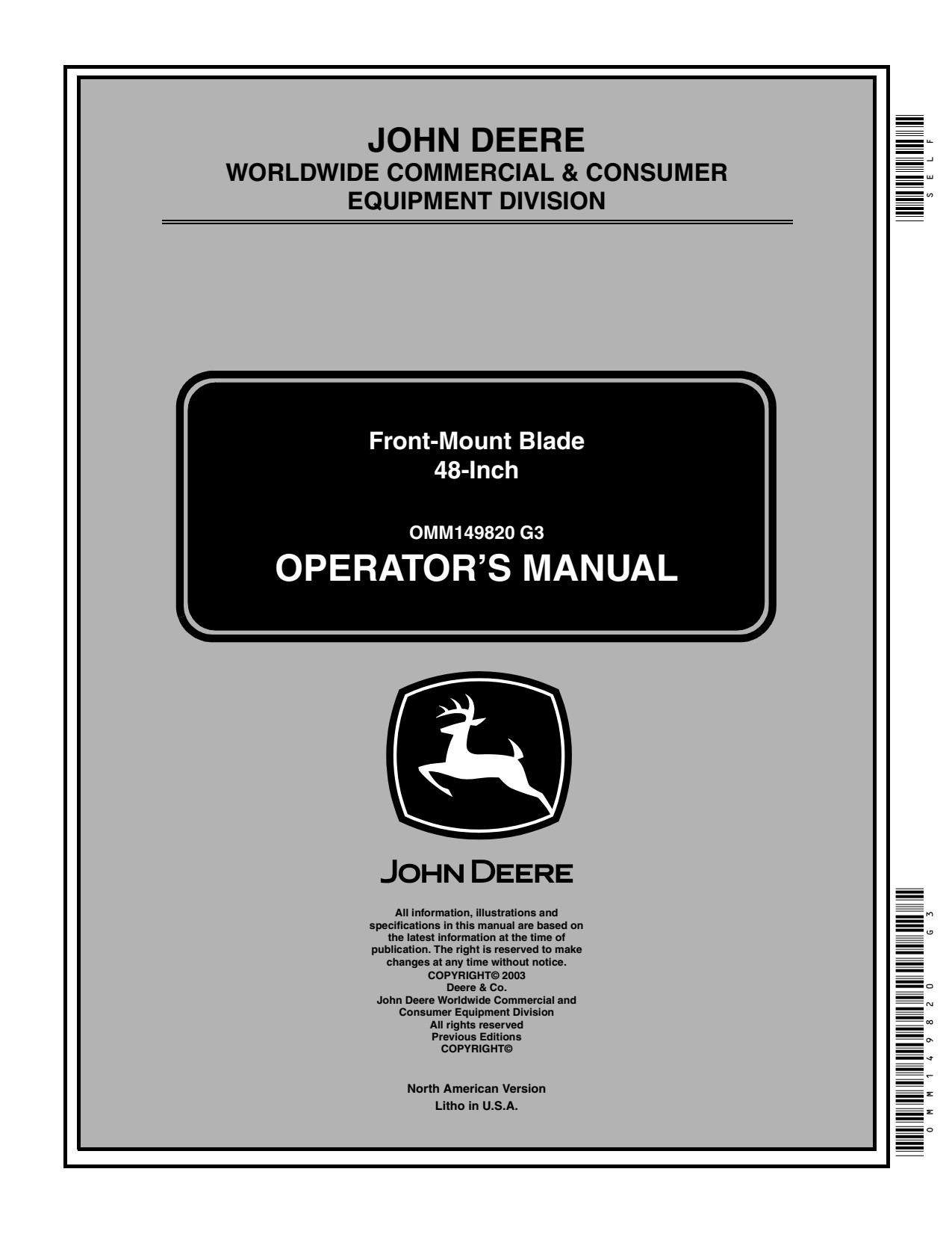 John Deere 48 Inch GX255 Front Mount Blade Operator Manual OMM149820 1 John Deere 48 Inch GX255 Front Mount Blade Operator Manual OMM149820