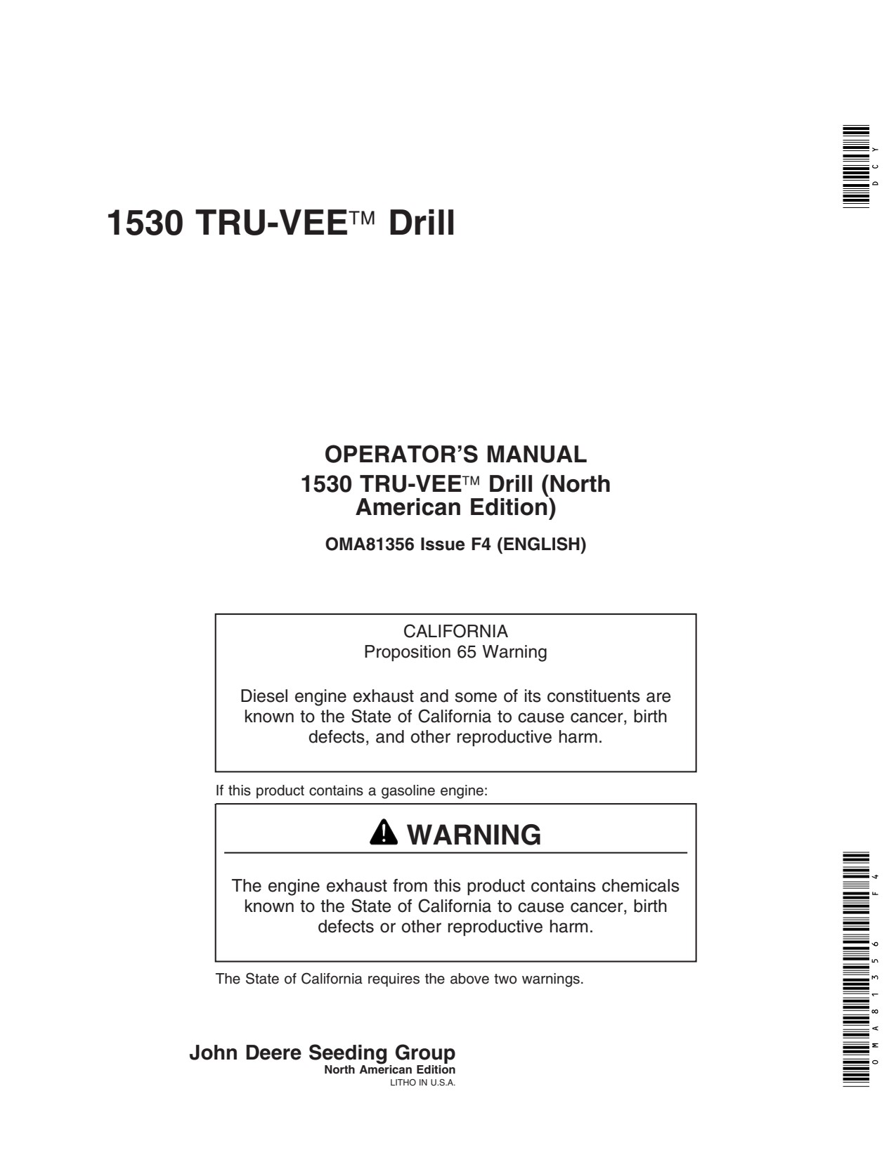 John Deere 4840 4850 4640 4650 4560 to 4960 4555 4955 1530 Tru-vee Drill Operator Manual OMA81356 1 John Deere 4840 4850 4640 4650 4560 to 4960 4555 4955 1530 Tru-vee Drill Operator Manual OMA81356