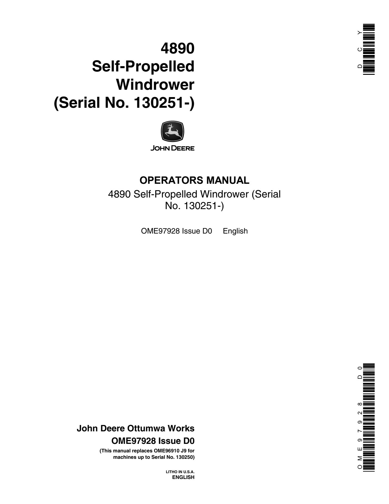 John Deere 4890 Self-propelled Windrower Operator Manual OME97928 1 John Deere 4890 Self-propelled Windrower Operator Manual OME97928