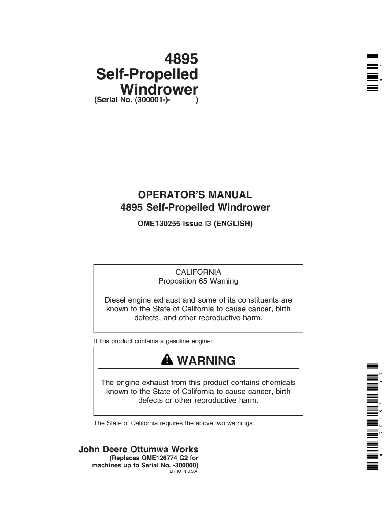 John Deere 4895 Self Propelled Windrower Operator Manual OME130255 1 John Deere 4895 Self Propelled Windrower Operator Manual OME130255