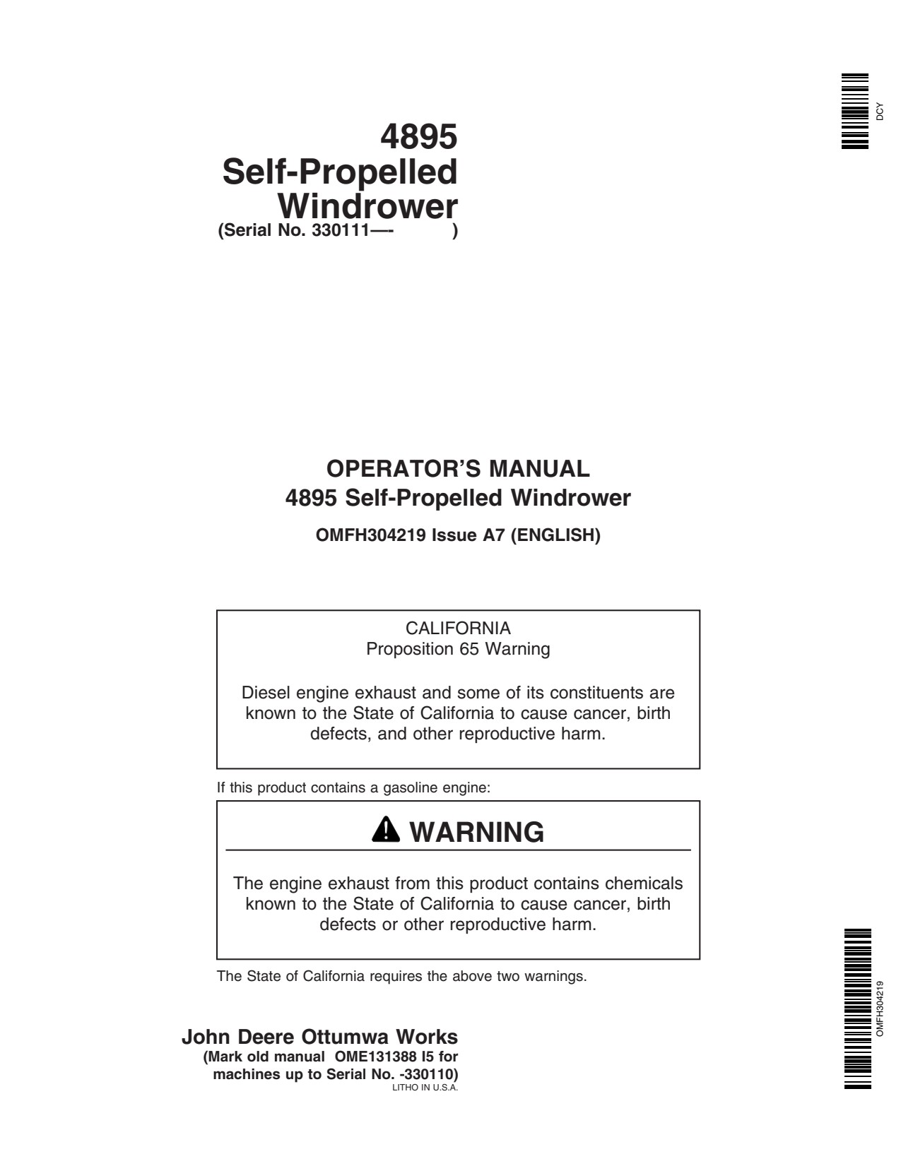 John Deere 4895 Self-propelled Windrower Operator Manual OMFH304219 1 John Deere 4895 Self-propelled Windrower Operator Manual OMFH304219