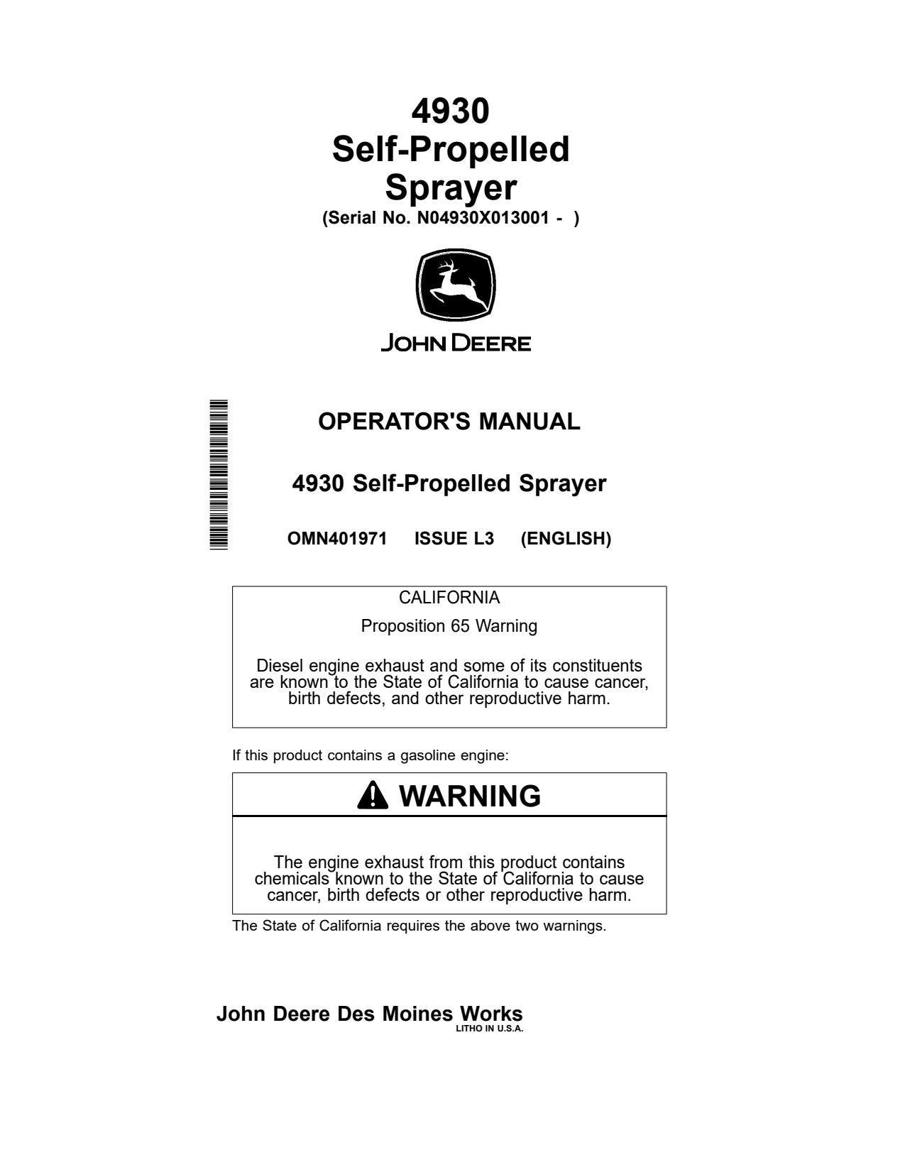 John Deere 4930 Self-Propelled Sprayer Operator Manual OMN401971 1 John Deere 4930 Self-Propelled Sprayer Operator Manual OMN401971
