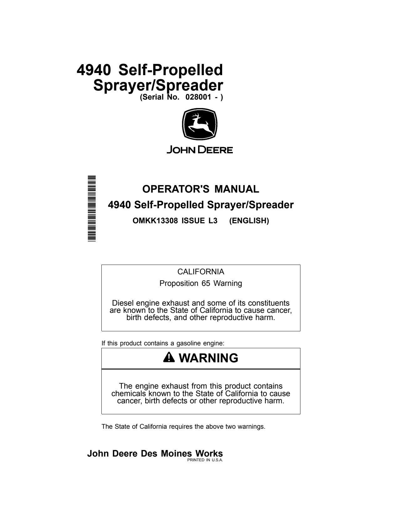 John Deere 4940 Self-Propelled Sprayer Operator Manual OMKK13308 1 John Deere 4940 Self-Propelled Sprayer Operator Manual OMKK13308