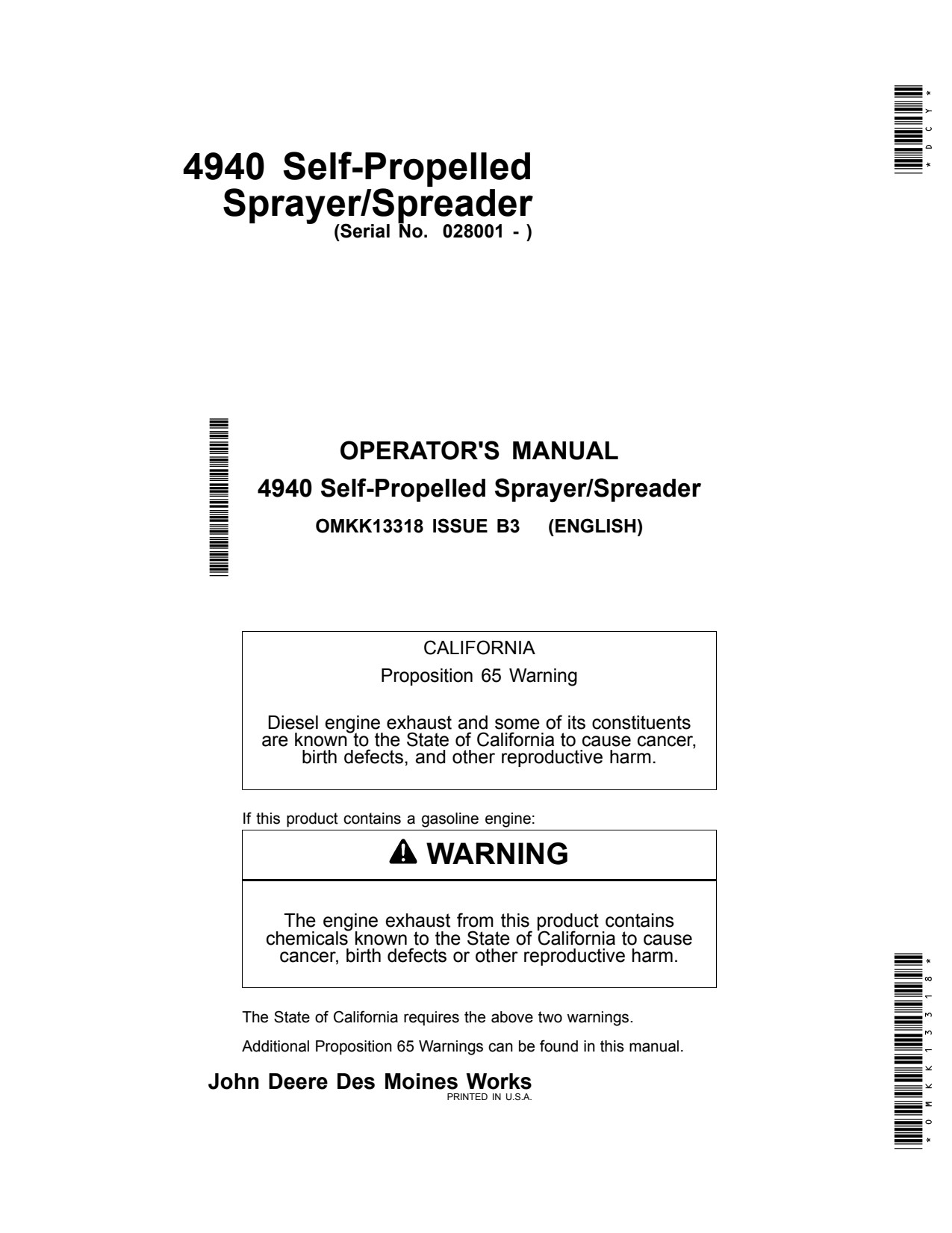 John Deere 4940 Self-Propelled Sprayer Operator Manual OMKK13318 1 John Deere 4940 Self-Propelled Sprayer Operator Manual OMKK13318