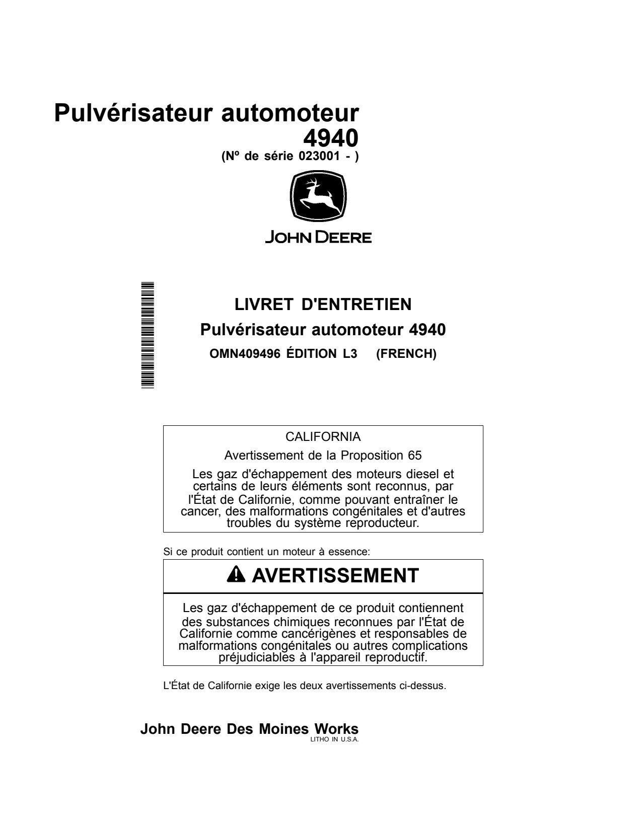 John Deere 4940 Self-Propelled Sprayer Operator Manual OMN409496 FR 1 John Deere 4940 Self-Propelled Sprayer Operator Manual OMN409496 FR