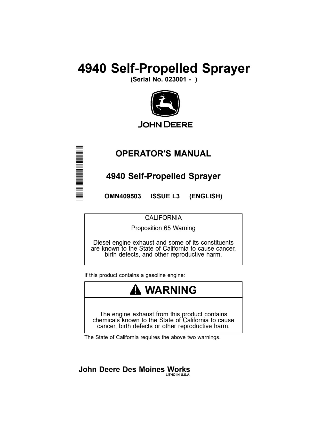 John Deere 4940 Self-Propelled Sprayer Operator Manual OMN409503 1 John Deere 4940 Self-Propelled Sprayer Operator Manual OMN409503
