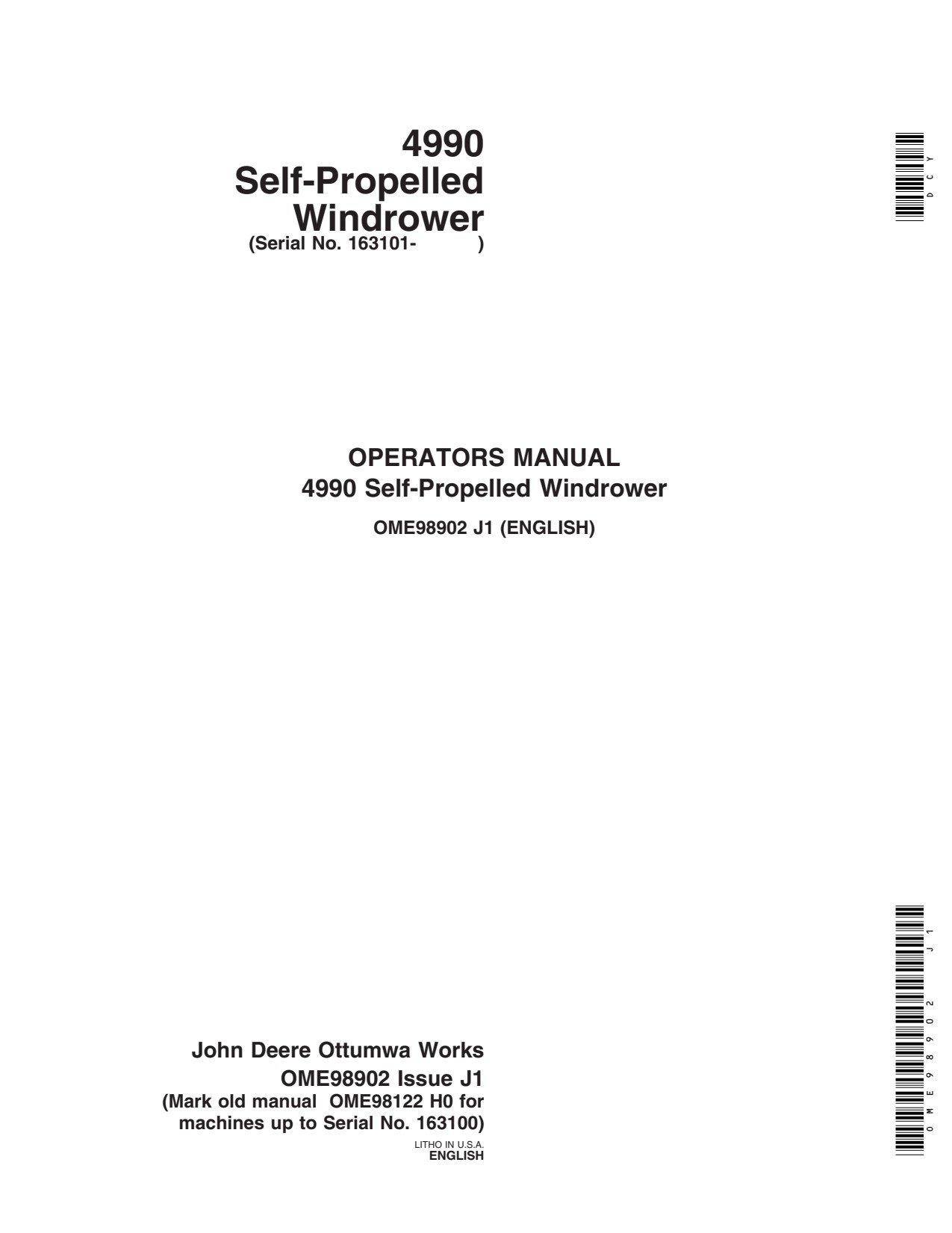 John Deere 4990 Self-propelled Windrower Operator Manual OME98902 1 John Deere 4990 Self-propelled Windrower Operator Manual OME98902