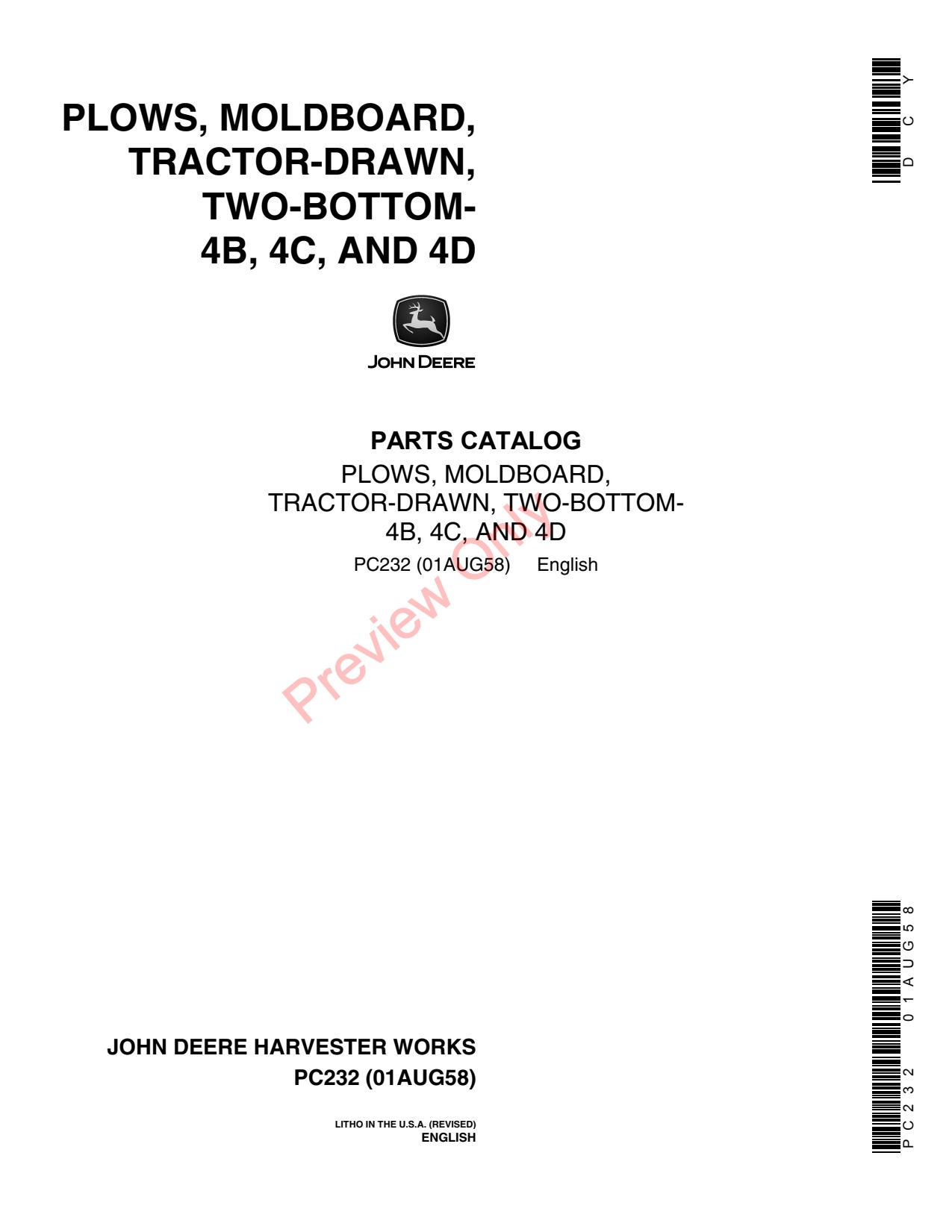 John Deere 4B 4C 4D Drawn Moldboard Plow Parts Catalog PC232 1 John Deere 4B 4C 4D Drawn Moldboard Plow Parts Catalog PC232