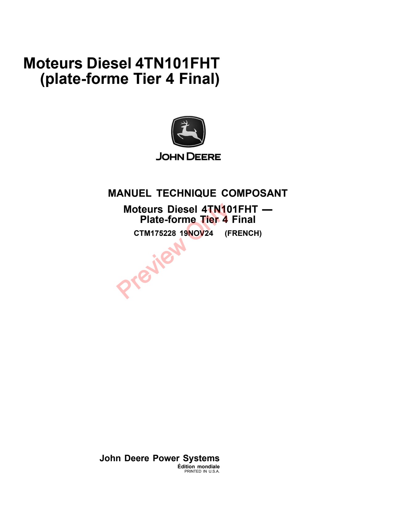 John Deere 4TN101FHT 4TNV98 Diesel Engines Final Tier 4 Platform Engine Component Technical Manual CTM175228 FR 1 John Deere 4TN101FHT 4TNV98 Diesel Engines Final Tier 4 Platform Engine Component Technical Manual CTM175228 FR