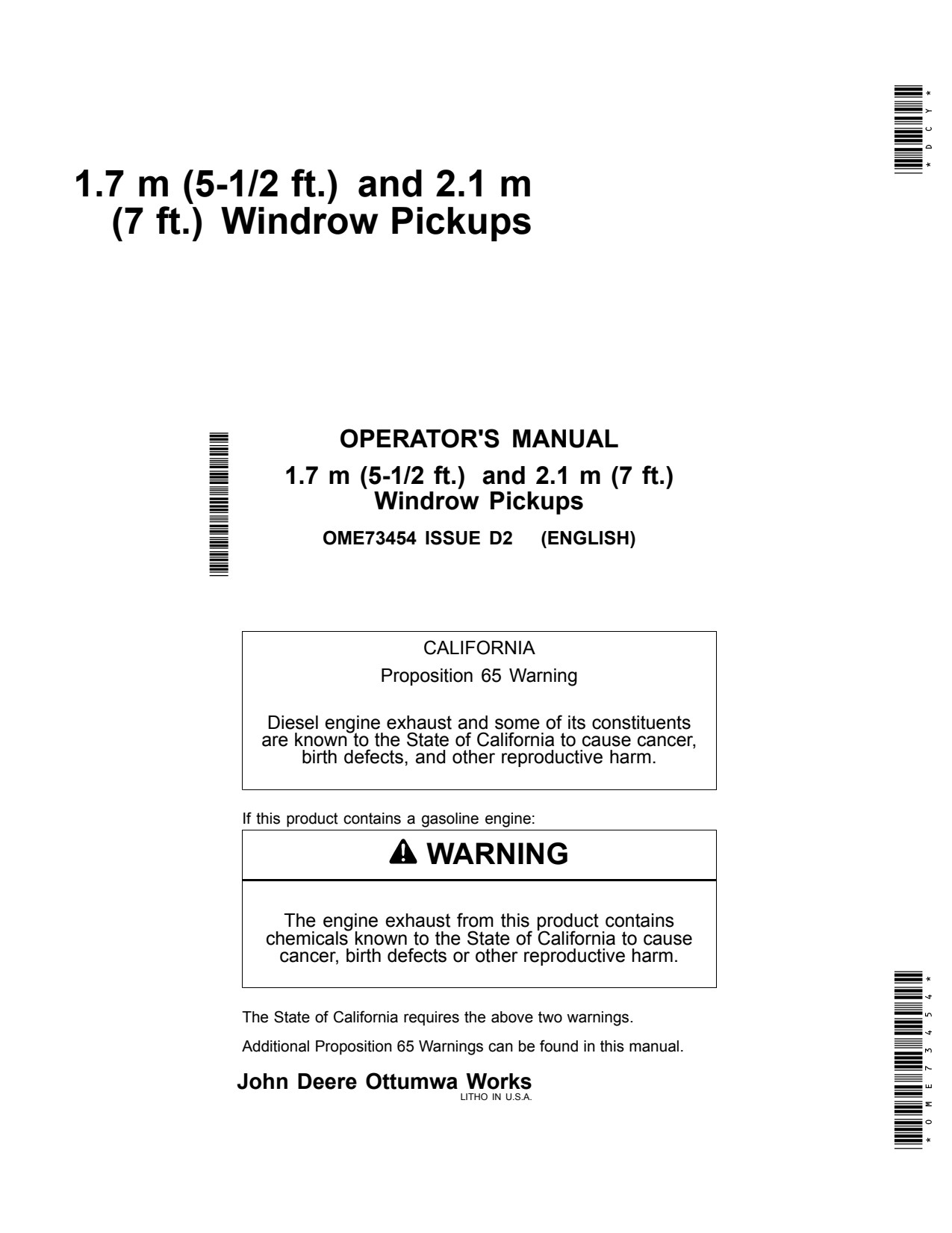 John Deere 5 1 2 Foot 7 3950 3970 3940 3960 3955 3975 1.7M FT 2.1M 7M 1M Windrow Pickup Operator Manual OME73454 1 John Deere 5 1 2 Foot 7 3950 3970 3940 3960 3955 3975 1.7M FT 2.1M 7M 1M Windrow Pickup Operator Manual OME73454