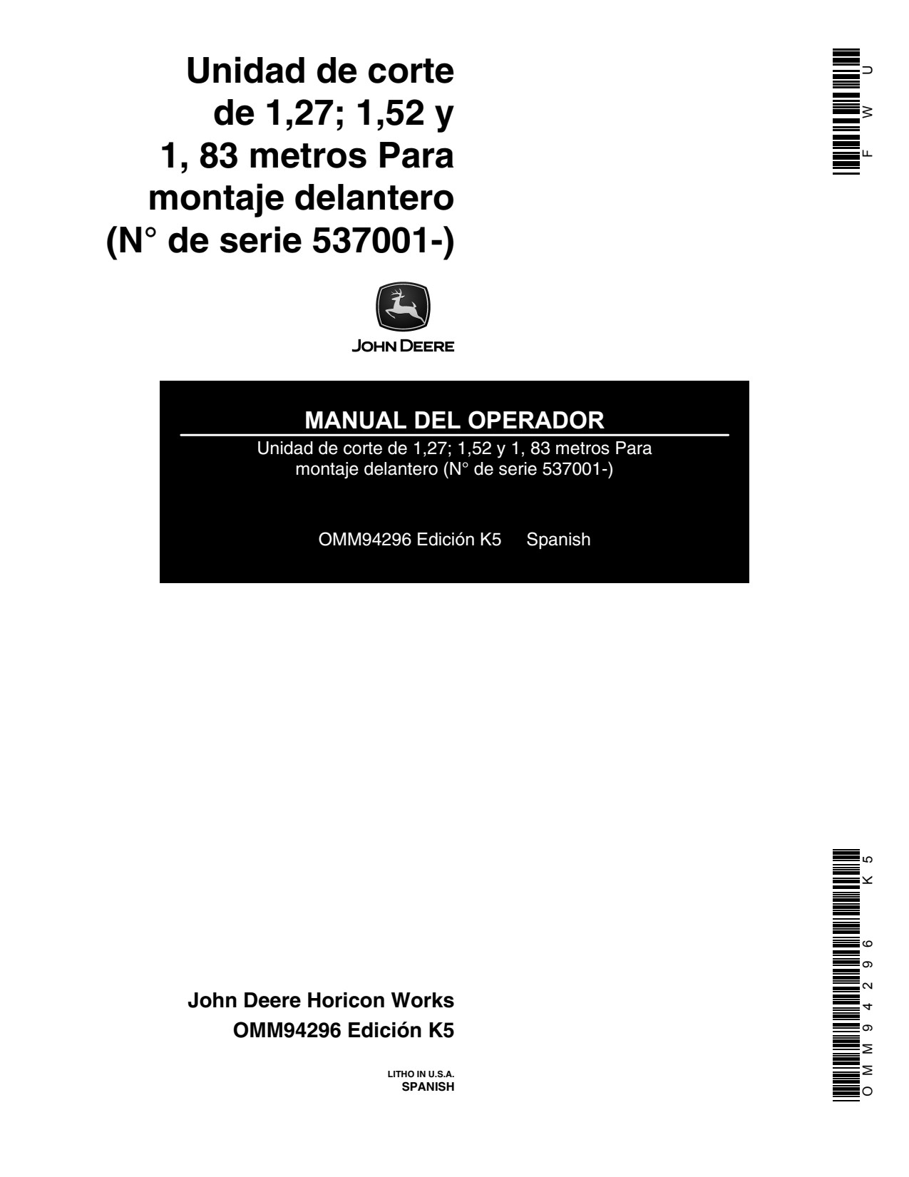 John Deere 50 Inch 60 72 Front Mount Mower Operator Manual OMM94296 ES 1 John Deere 50 Inch 60 72 Front Mount Mower Operator Manual OMM94296 ES