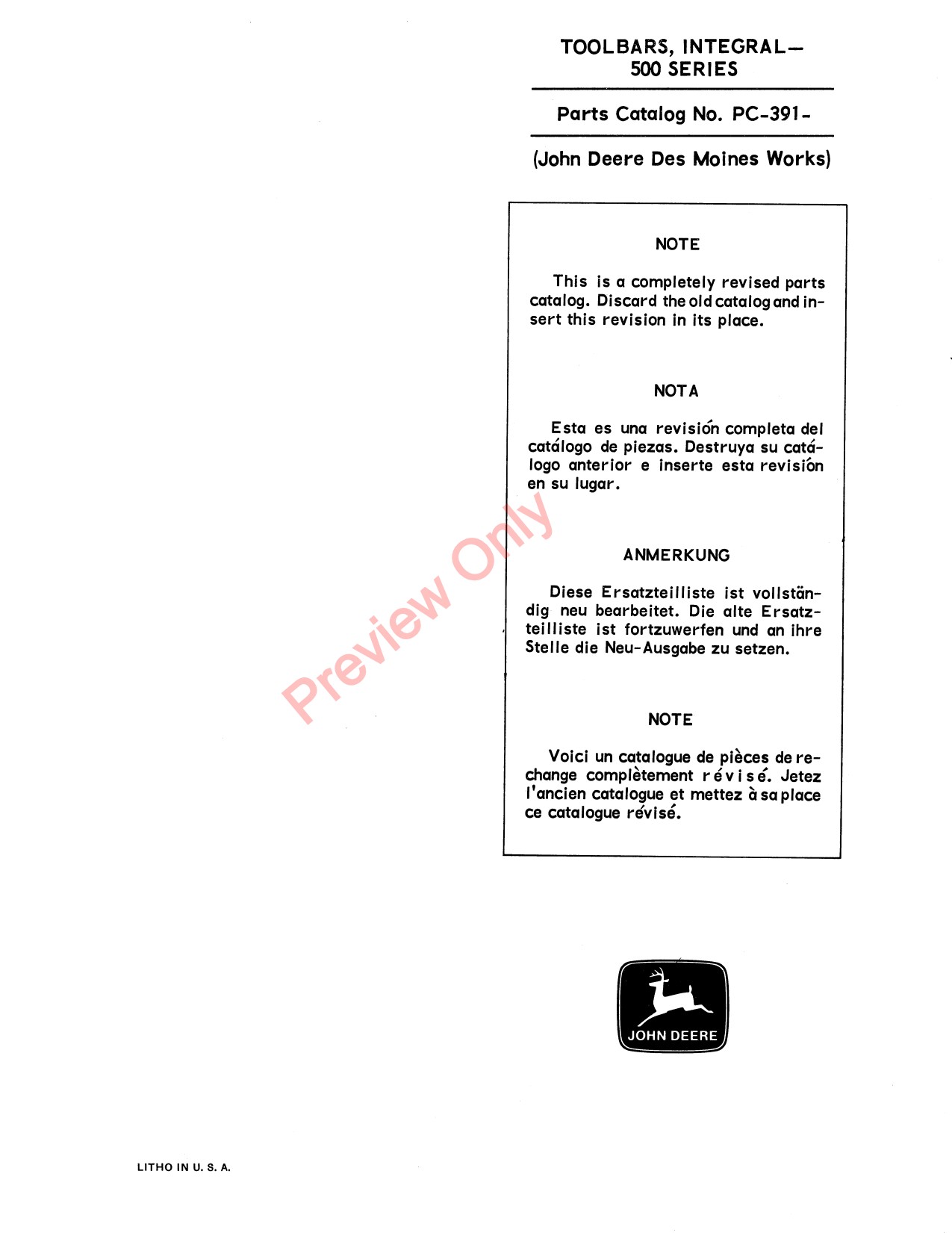 John Deere 500 500A Series Integral Toolbars Parts Catalog PC391 1 John Deere 500 500A Series Integral Toolbars Parts Catalog PC391
