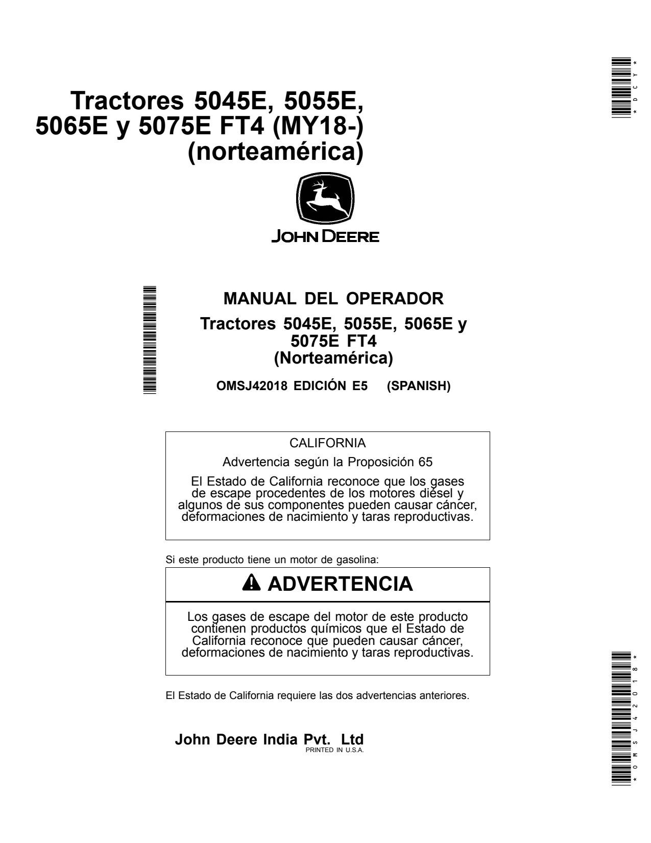 John Deere 5045E 5055E 5065E 5075E FT4 MY18 Tractor Operator Manual OMSJ42018 ES 1 John Deere 5045E 5055E 5065E 5075E FT4 MY18 Tractor Operator Manual OMSJ42018 ES